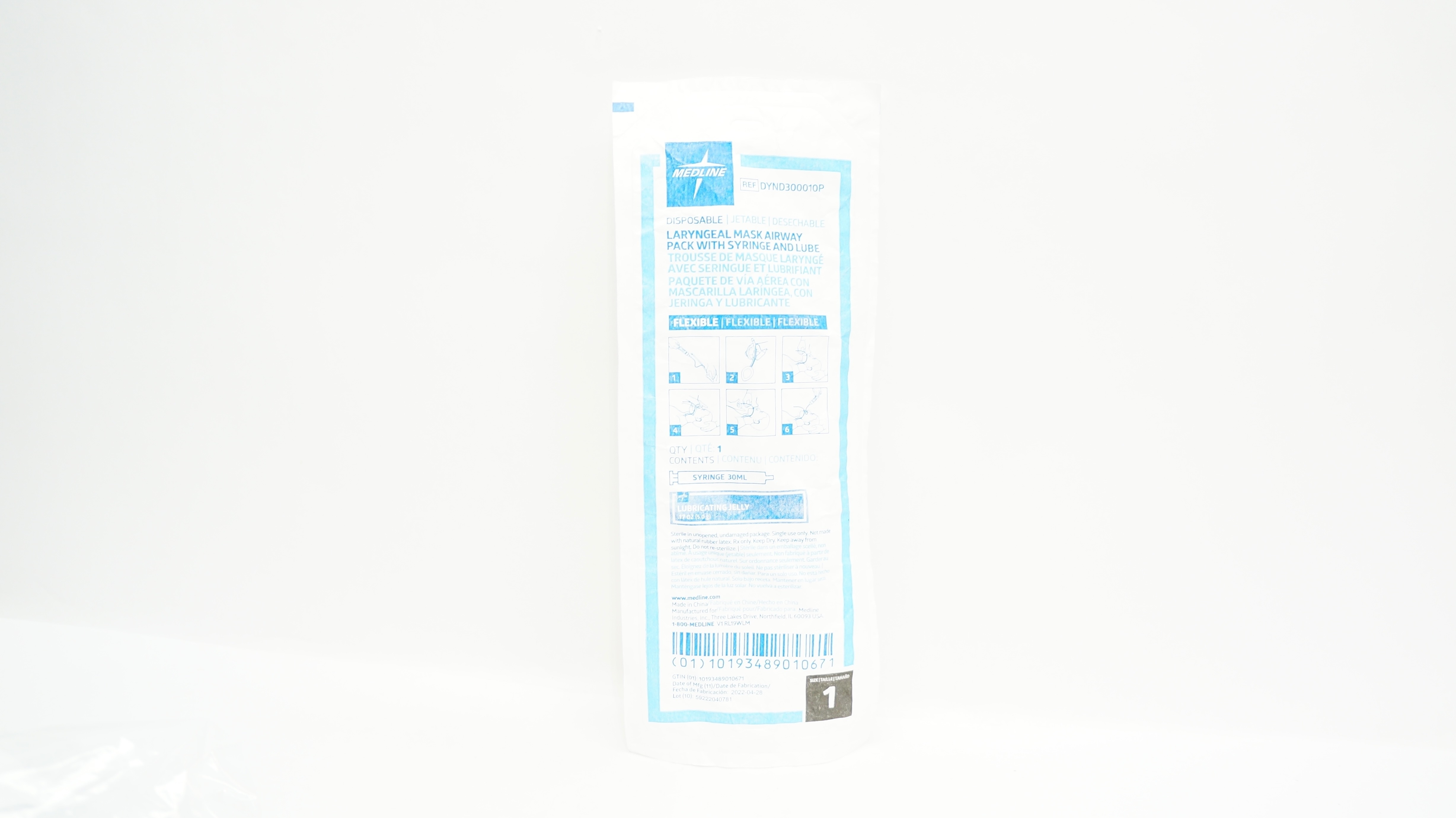 Medline DYND300010P Laryngeal Mask Airway Pack W/Syringe & Lube 30mL ,Size 1
