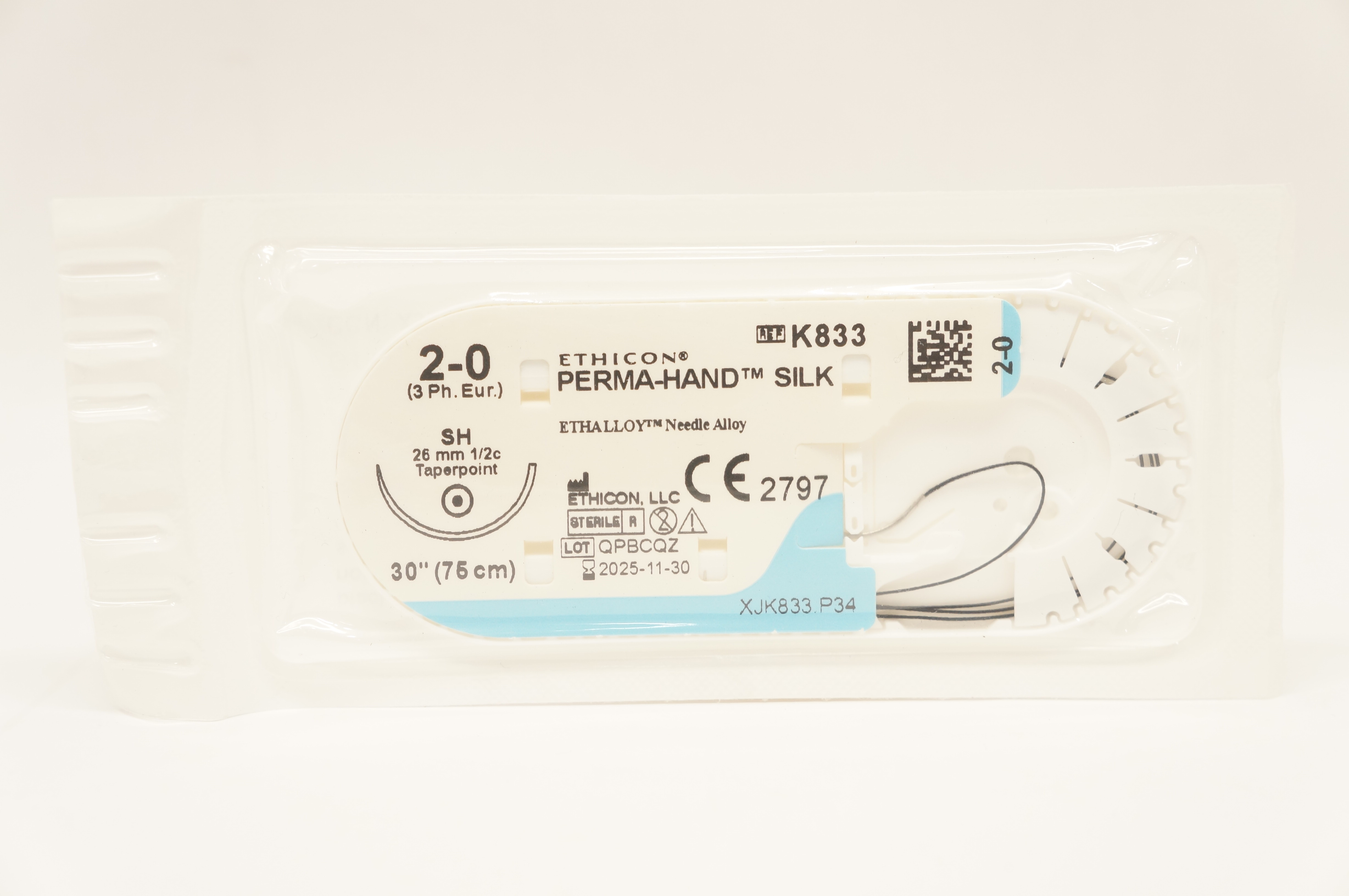 Ethicon K833 2-0 PERMA-HAND SILK Stre SH 26mm 1/2c Taperpoint, 30inch