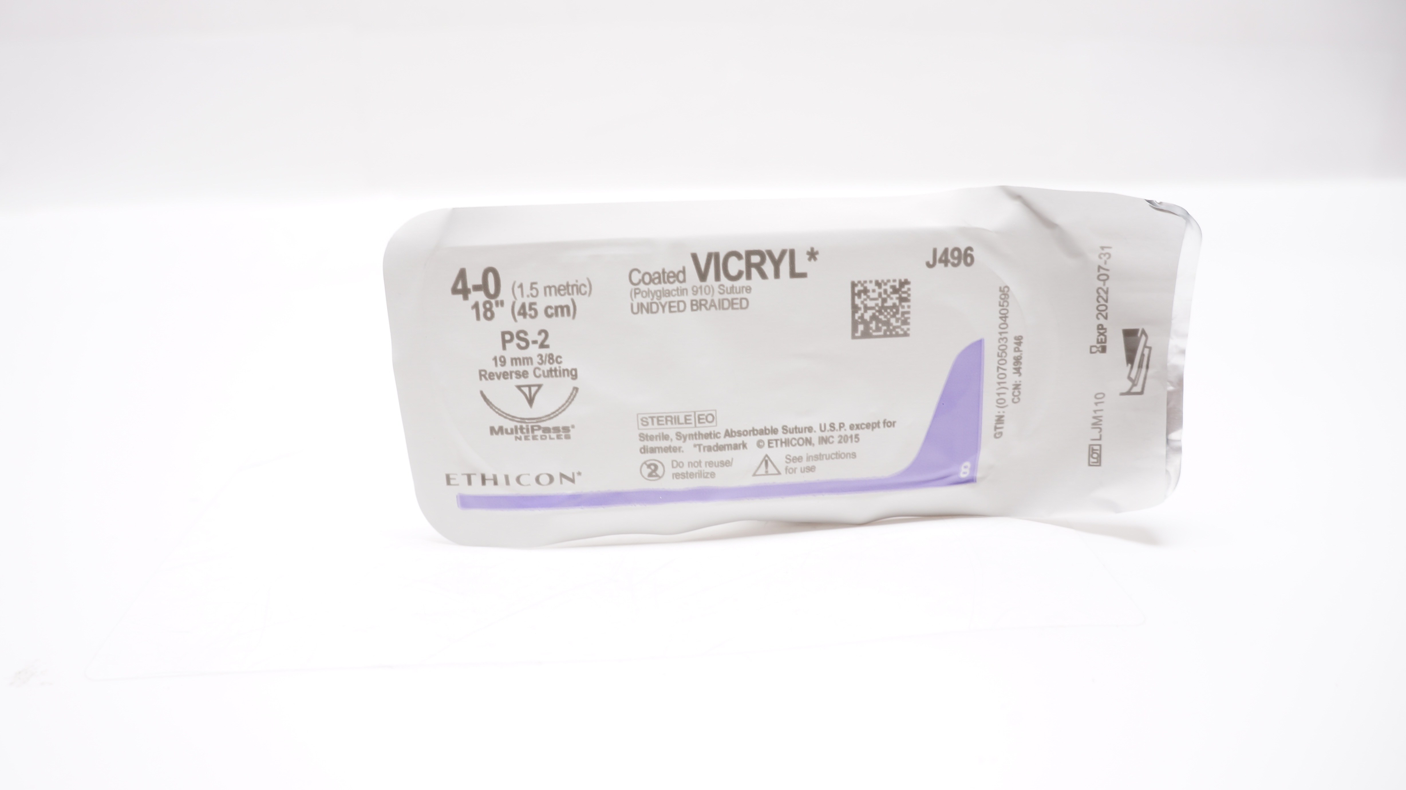 Ethicon J496 4-0 Coated VICRYL PS-2 19mm 3/8c Reverse Cutting, 18inch (x)