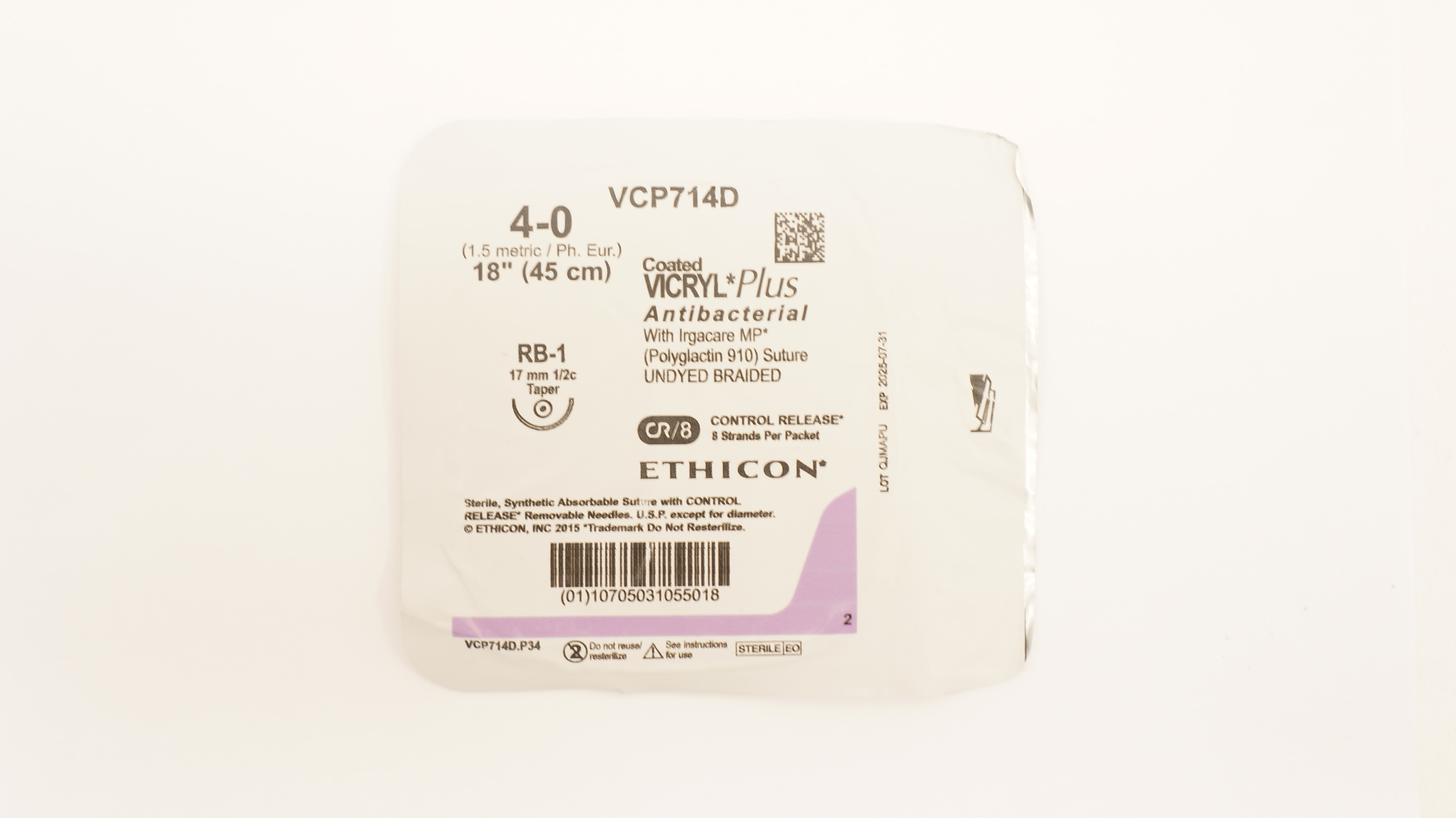 Ethicon VCP714D 4-0 VICRYL Plus Antibacterial Stre RB-1 17mm 1/2c Taper, 18inch