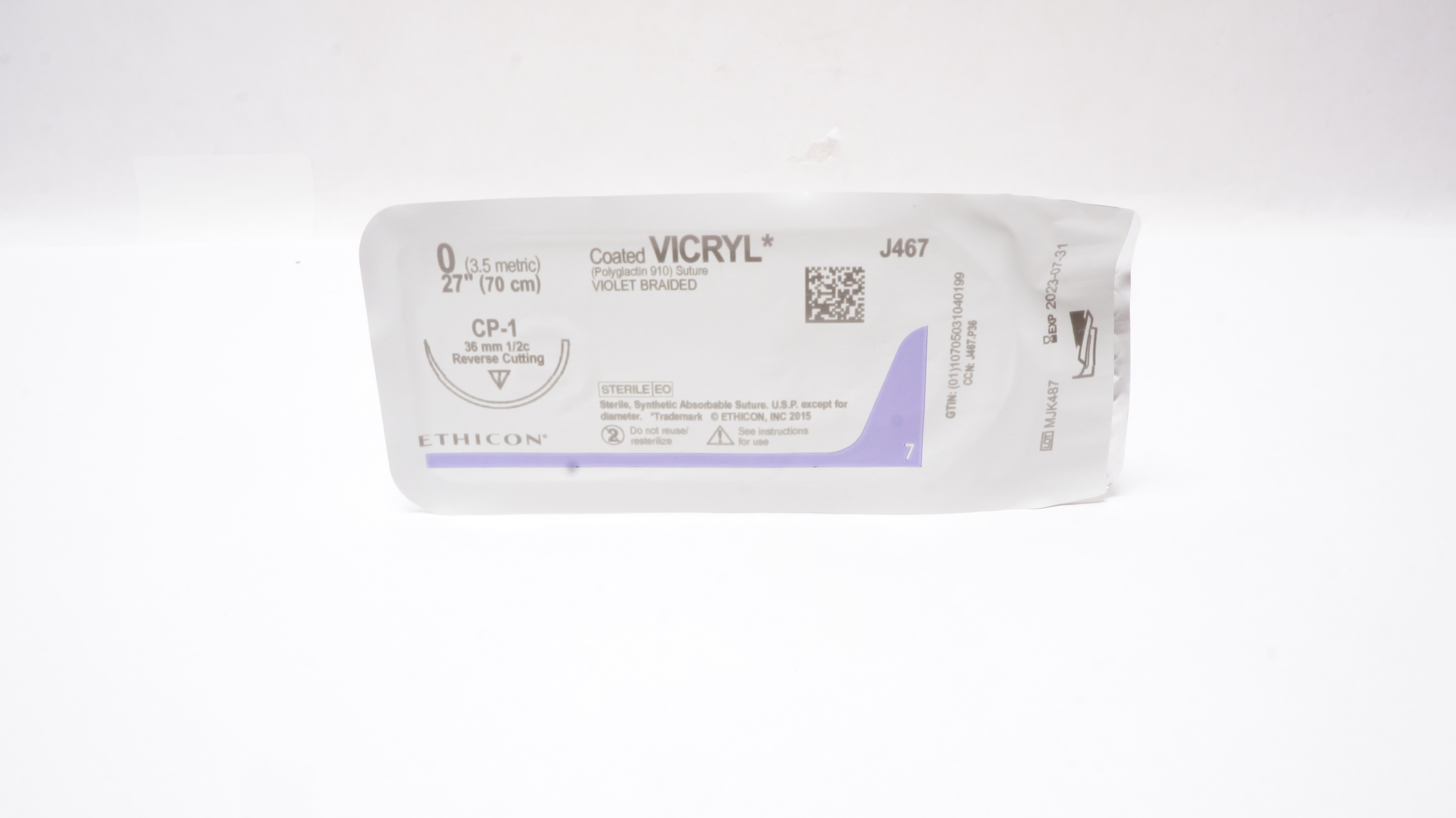 Ethicon J467 0 Coated VICRYL Stre CP-1 36mm 1/2c Reverse Cutting, 27inch
