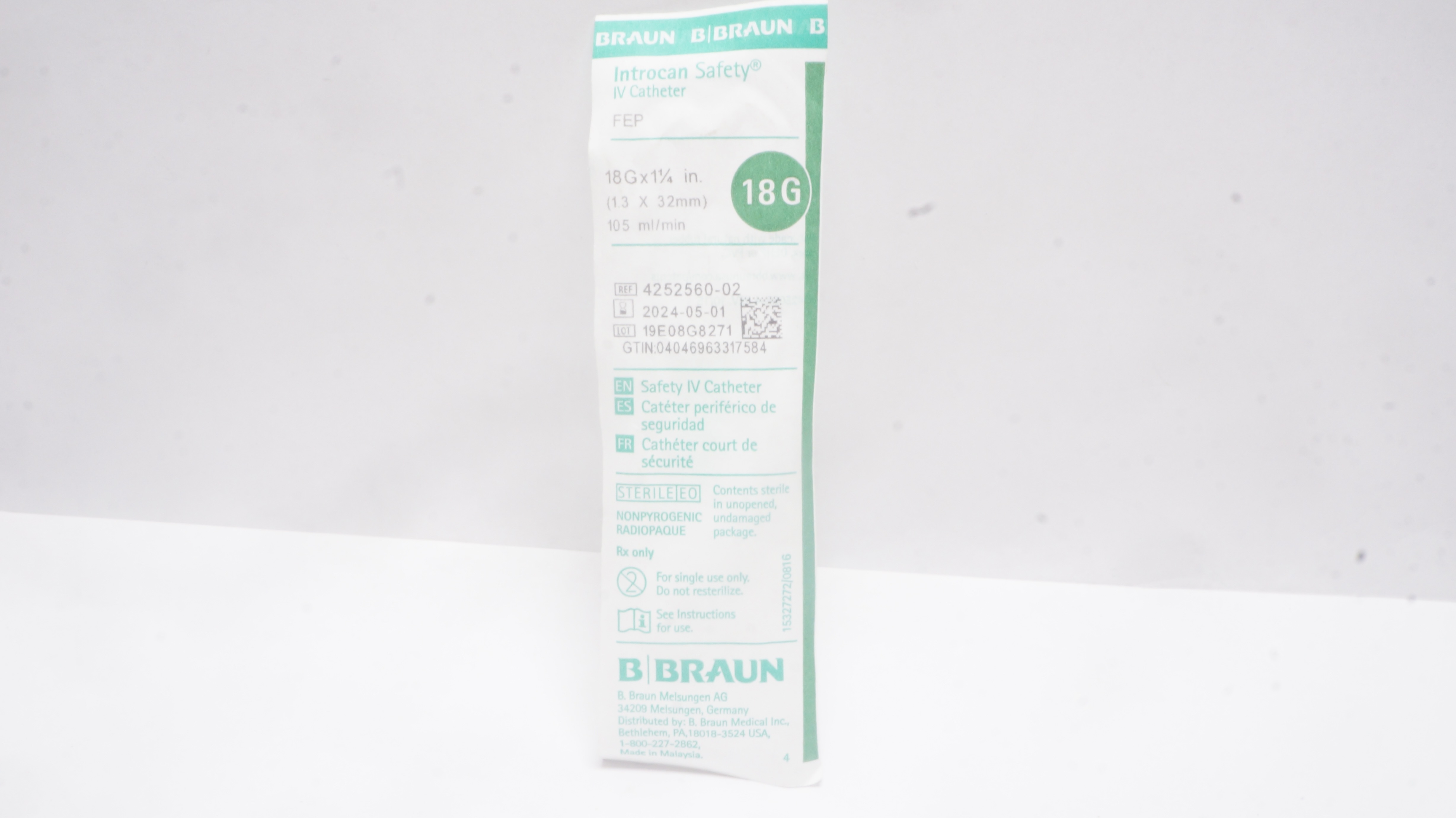 Braun 4252560-02 Introcan Safety FEP IV Cath. 18G x 1-1/4inch 105mL/min