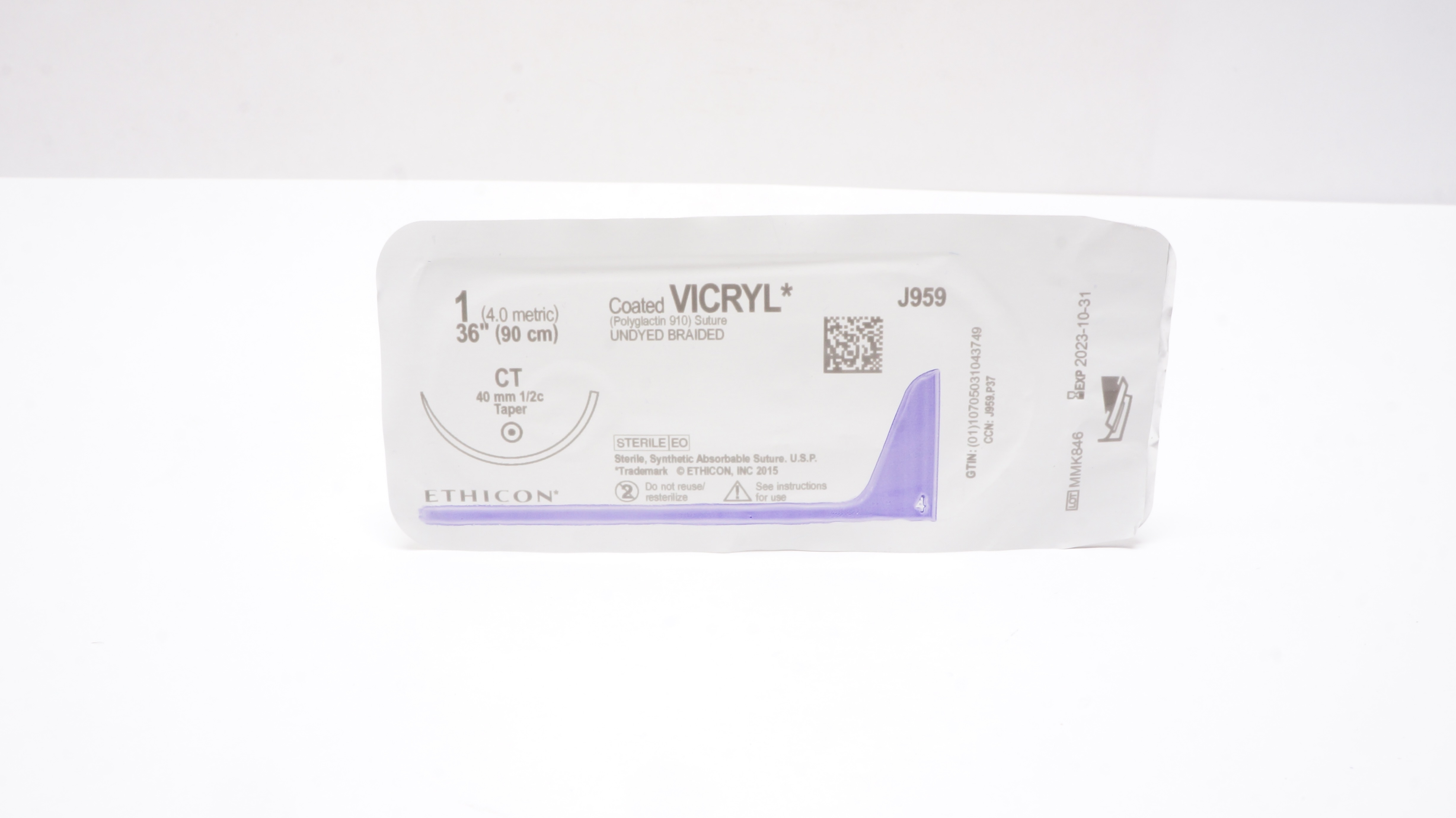 Ethicon J959 1 Coated VICRYL Stre Undyed Braided CT 40mm 1/2c Taper, 36 inch