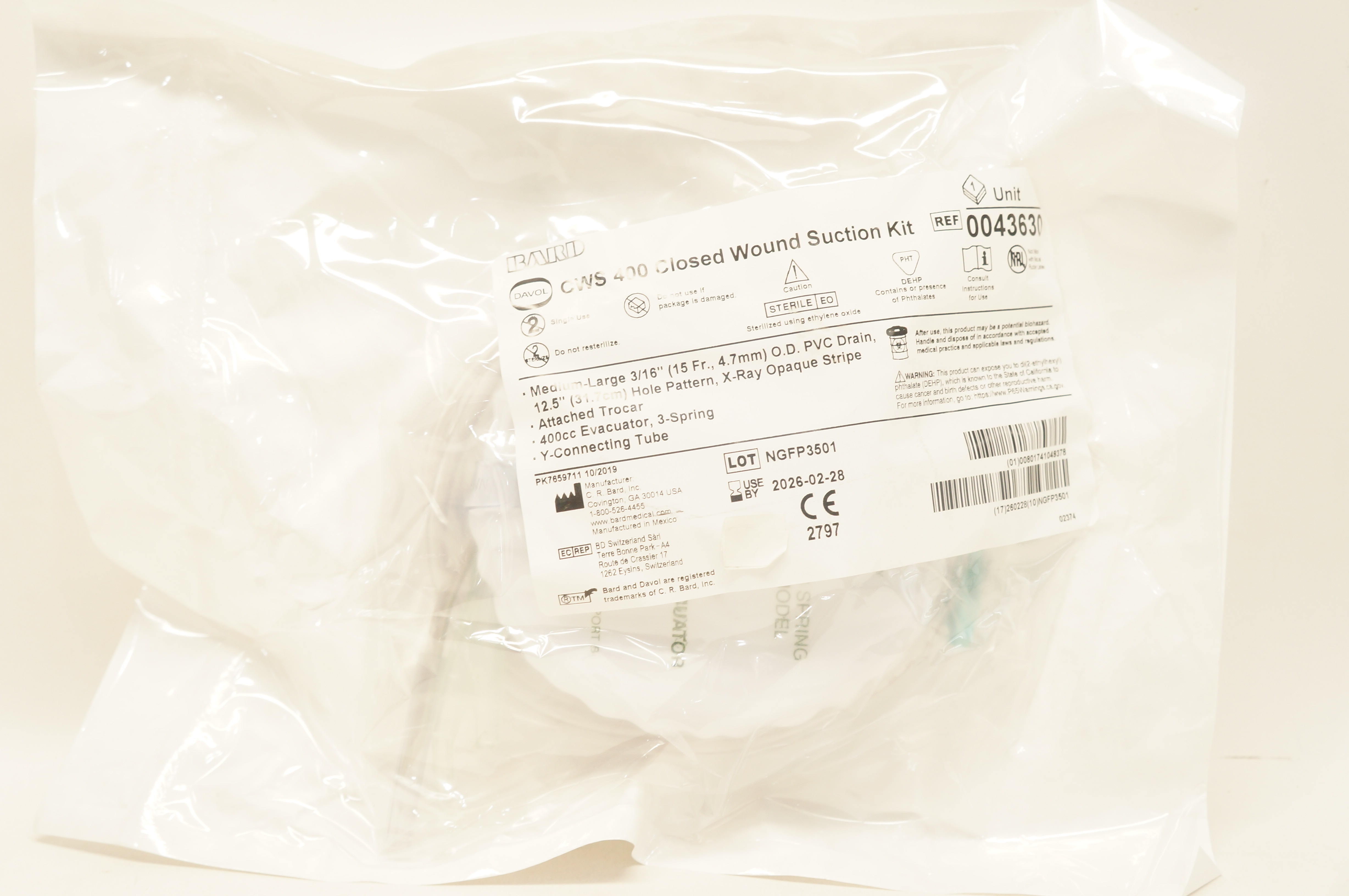 Bard 0043630 Davol CWS 400 Closed Wound Suction Kit