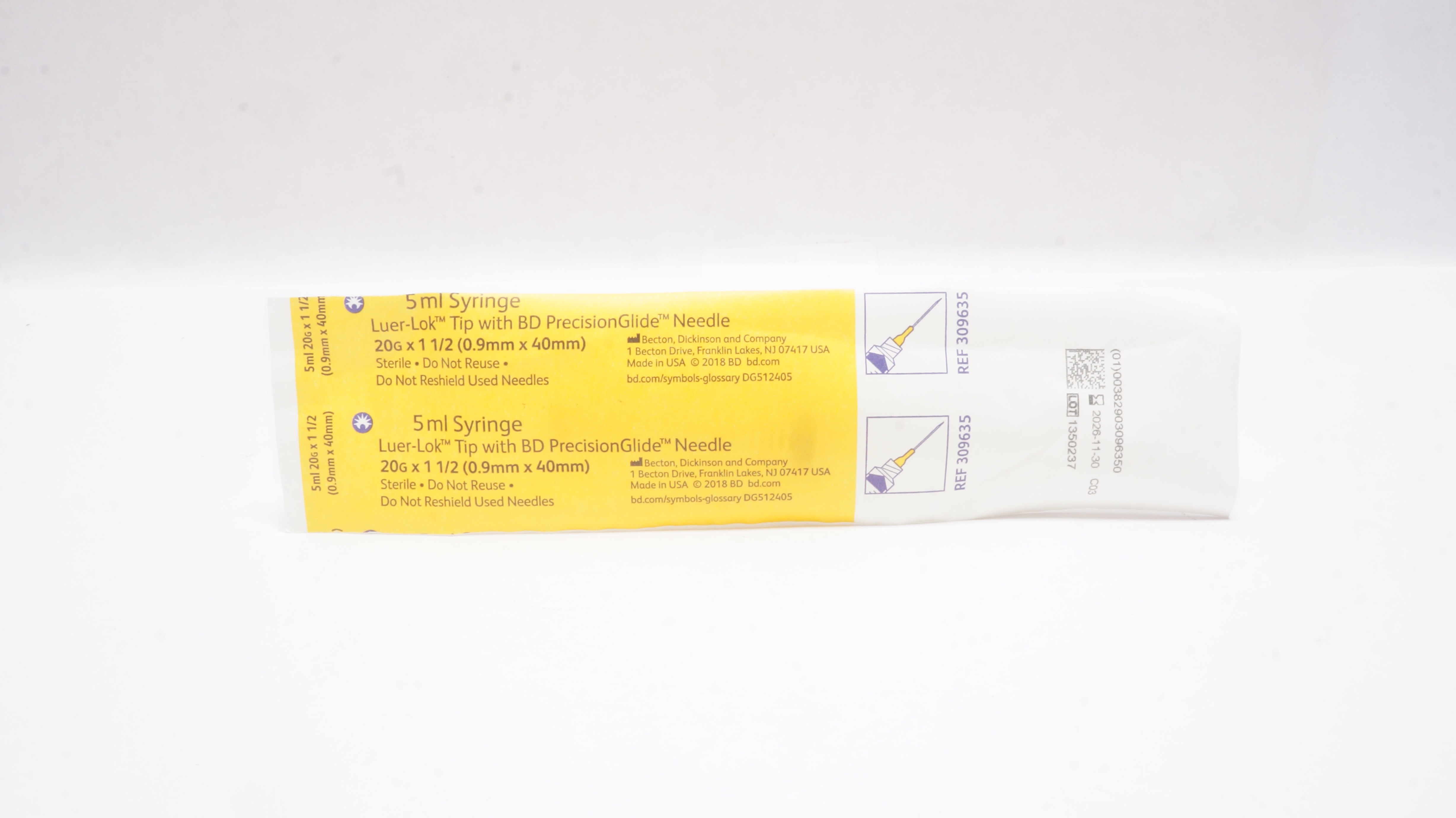 BD 309635 Syringe 5ml, Luer-Lok Tip with PrecisionGlide Ndle 20G x 1-1/2inch