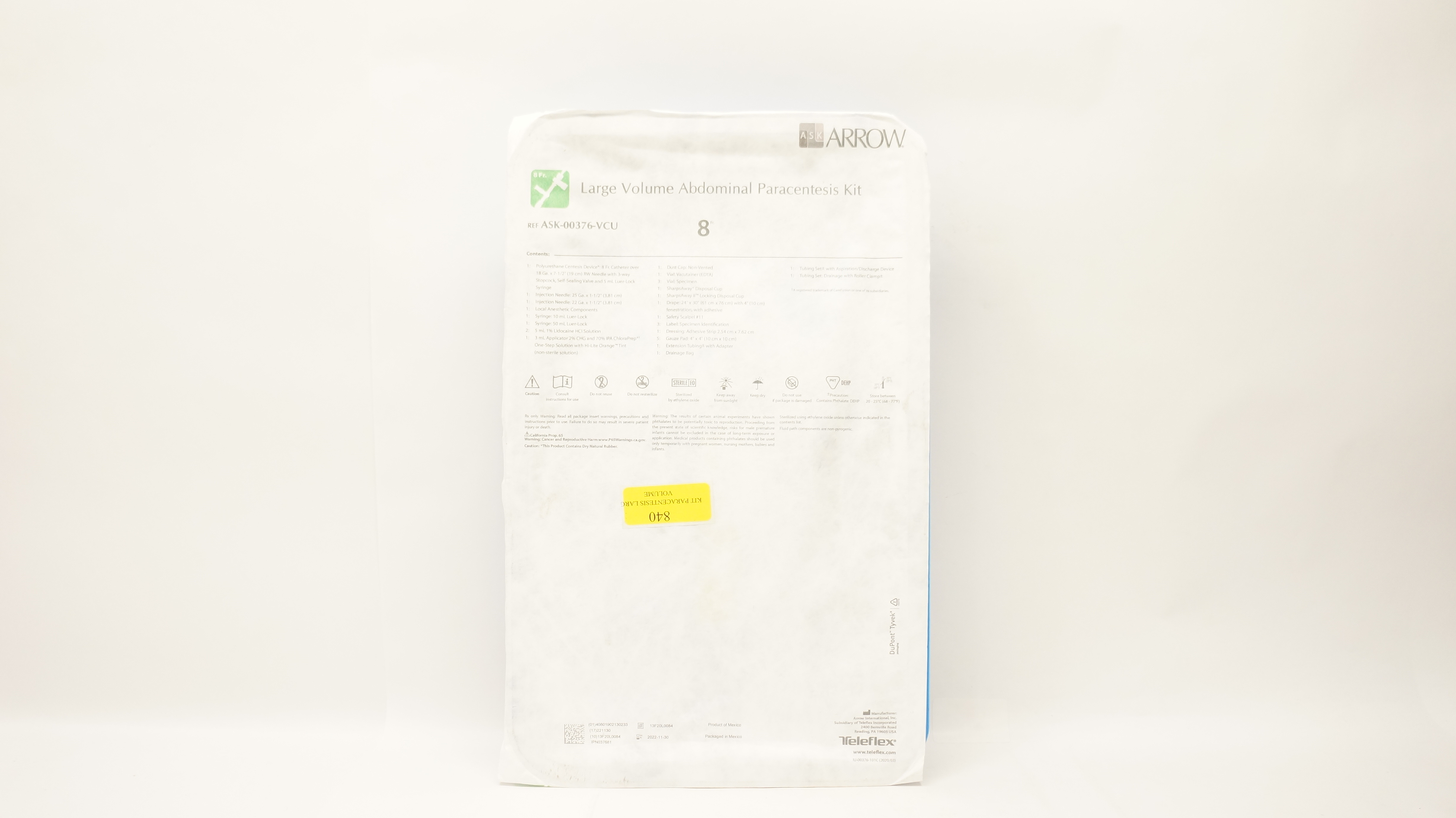 Arrow ASK-00376-VCU Large Volume Abdominal Pracentesis Kit 8Fr x 18Ga x 71/2inch
