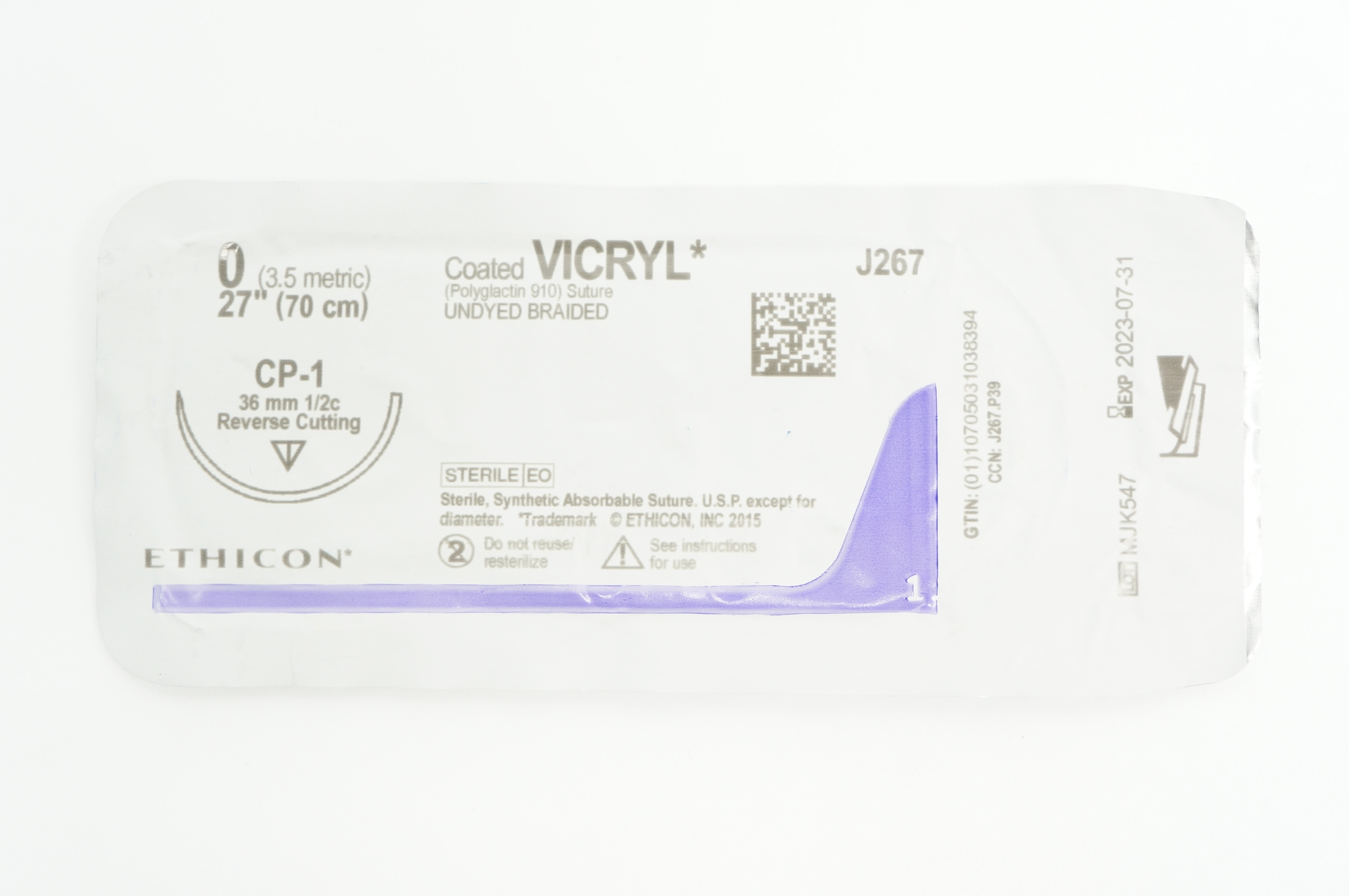 Ethicon J267 0 VICRYL CP-1, 36mm 1/2c Reverse Cutting, 27inch
