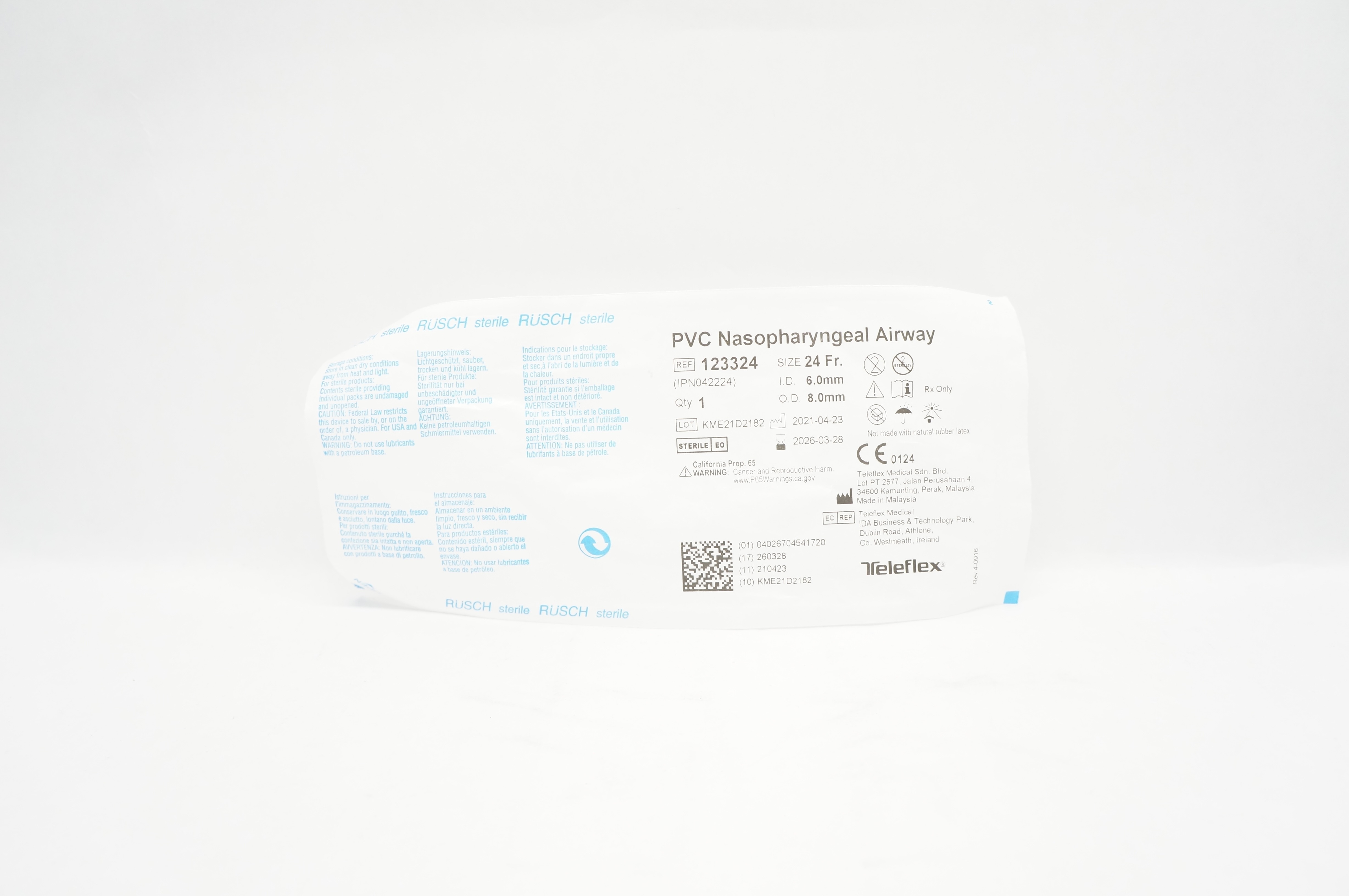 Teleflex 123324 Rusch PVC Nasopharyngeal Airway 24 Fr x 6.0mm ID x 8.0mm OD