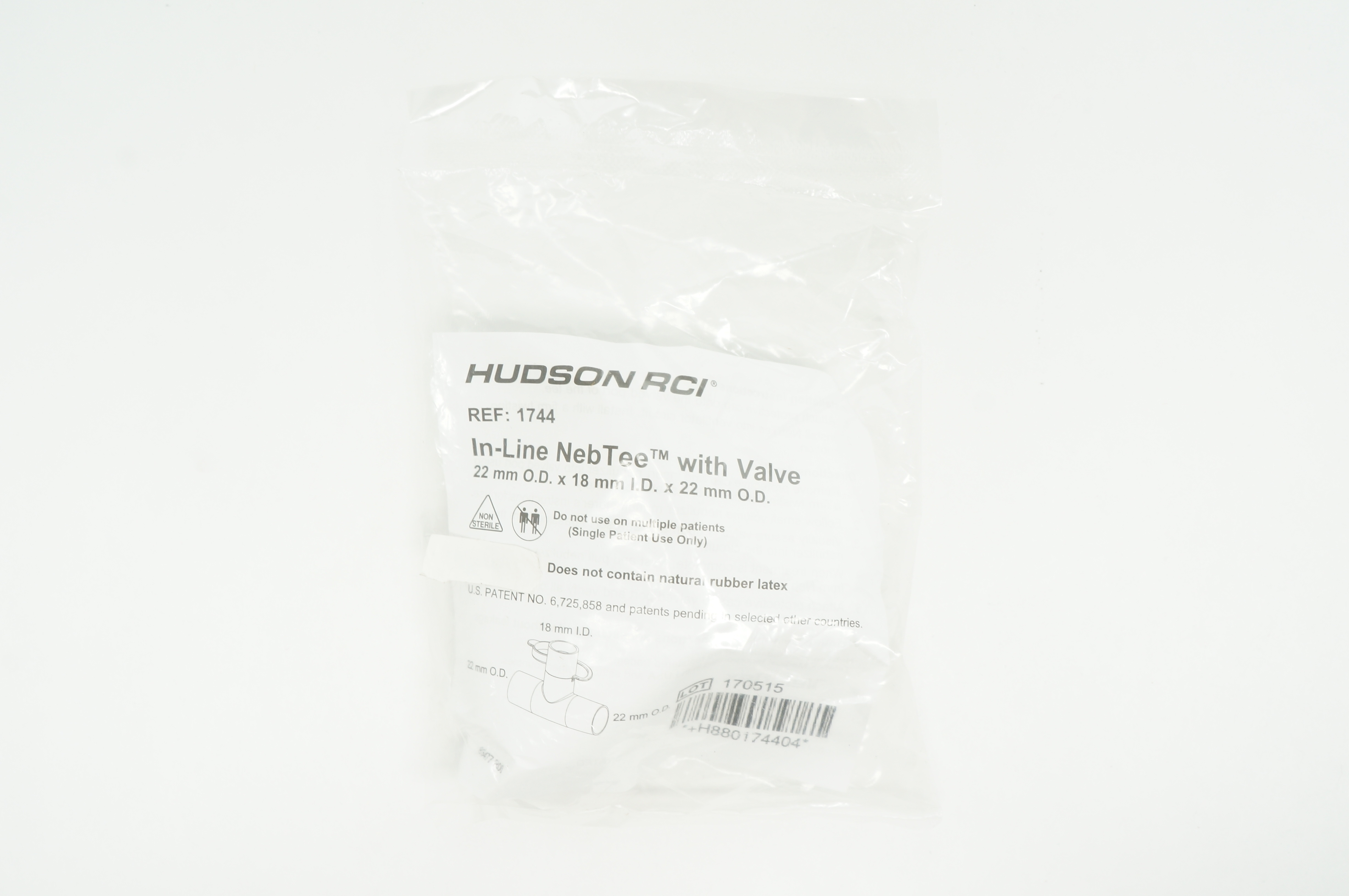 Hudson RCI 1744 In-Line NebTee with Valve 22mm x 18mm x 22mm
