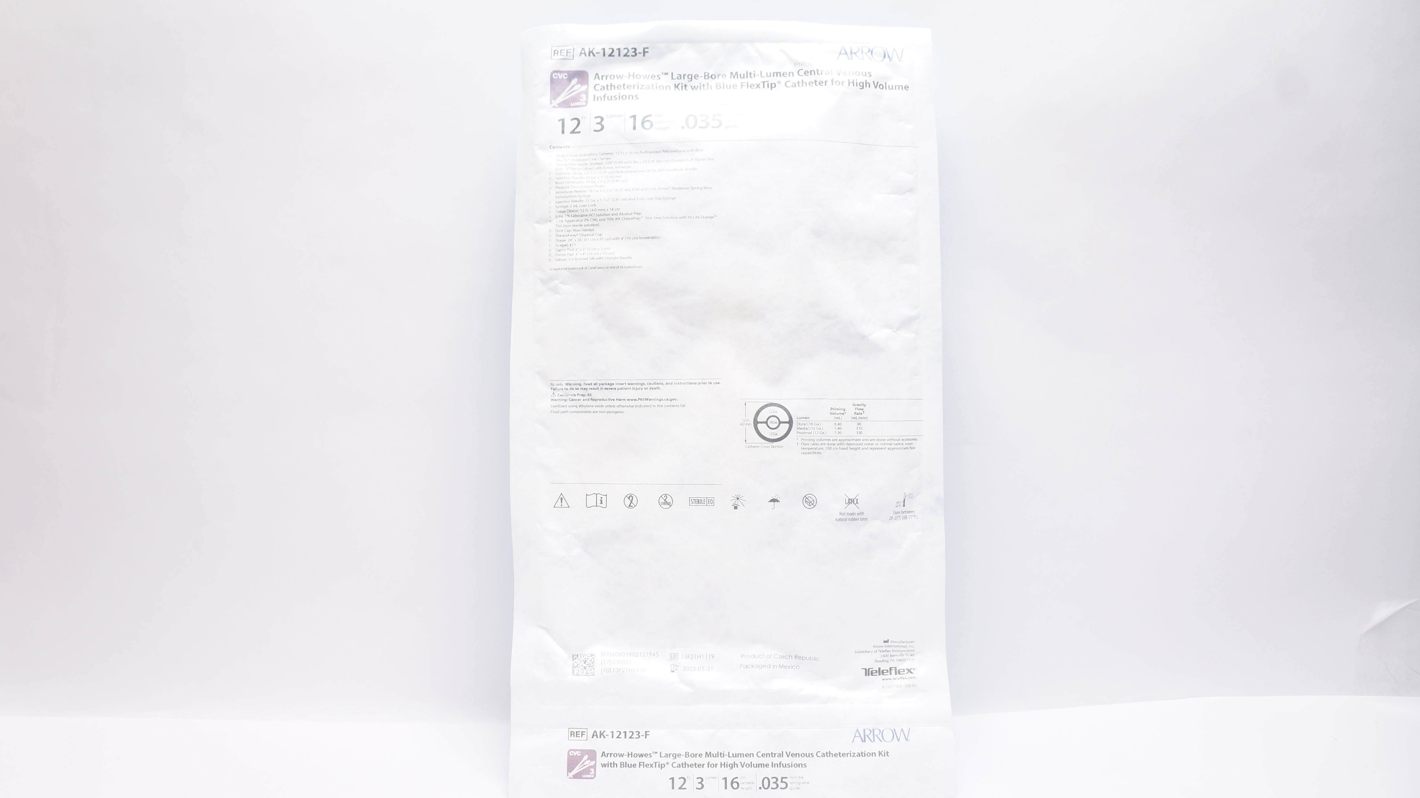 Arrow AK-12123-F Howes Large-Bore Multi Lumen Central Venous Cath. Kit 12Fr (x)