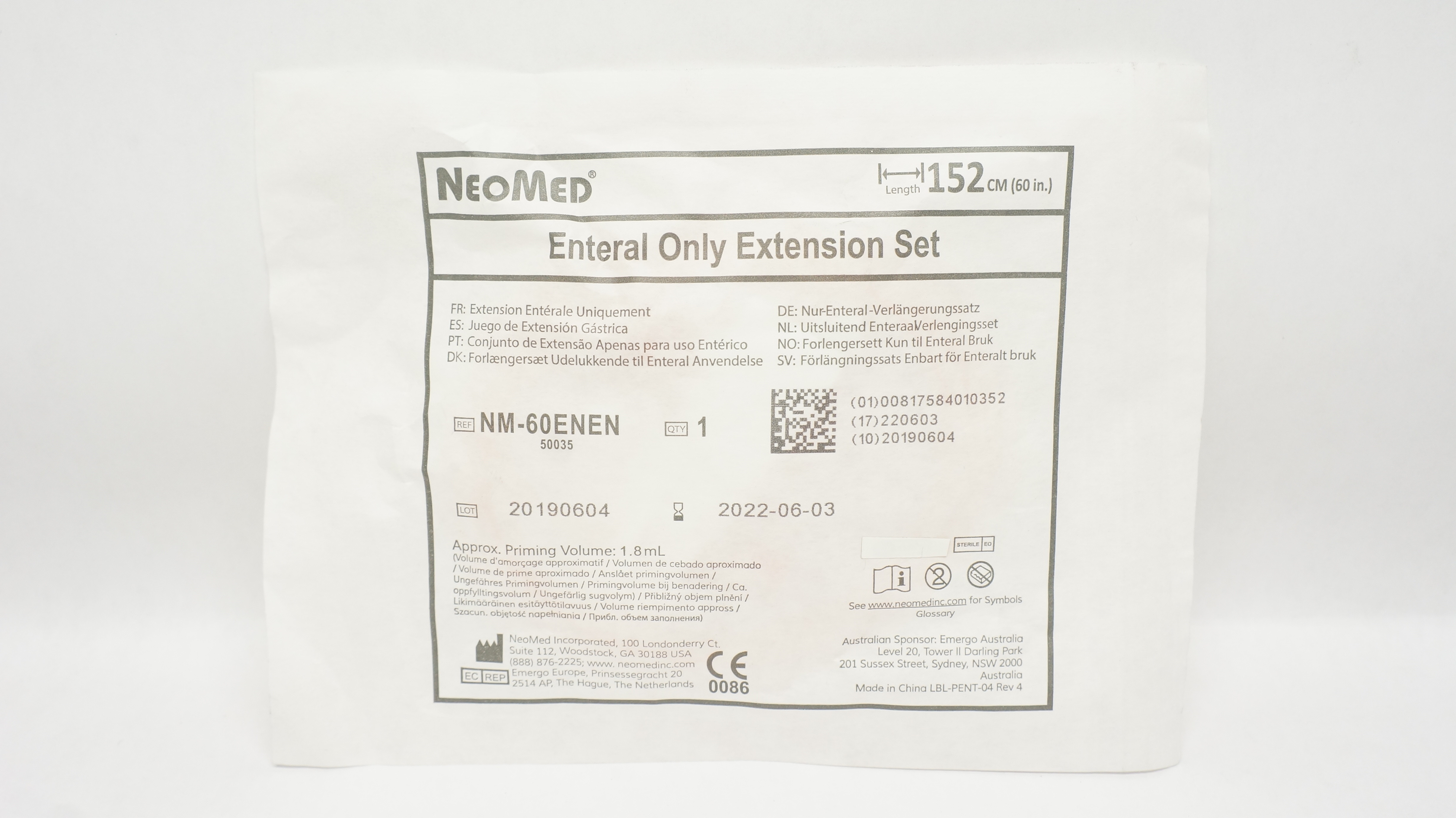 NeoMed NM-60ENEN Enteral Only Extension Set 60inch, Approx. Volume 1.8mL