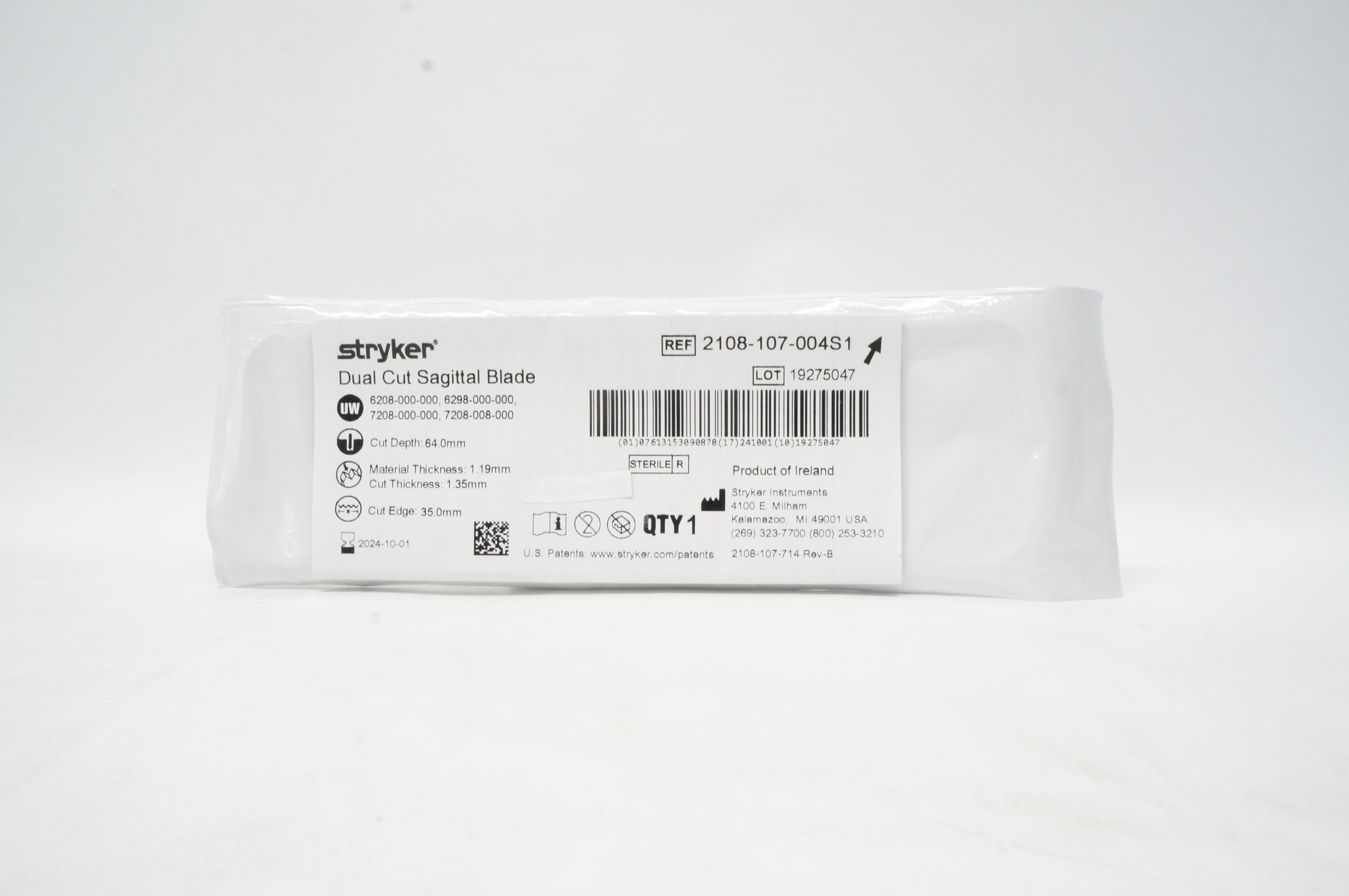 Stryker 2108-107-004S1 Dual Cut Sagittal Blade 35mm x 64mm x 1.19mm