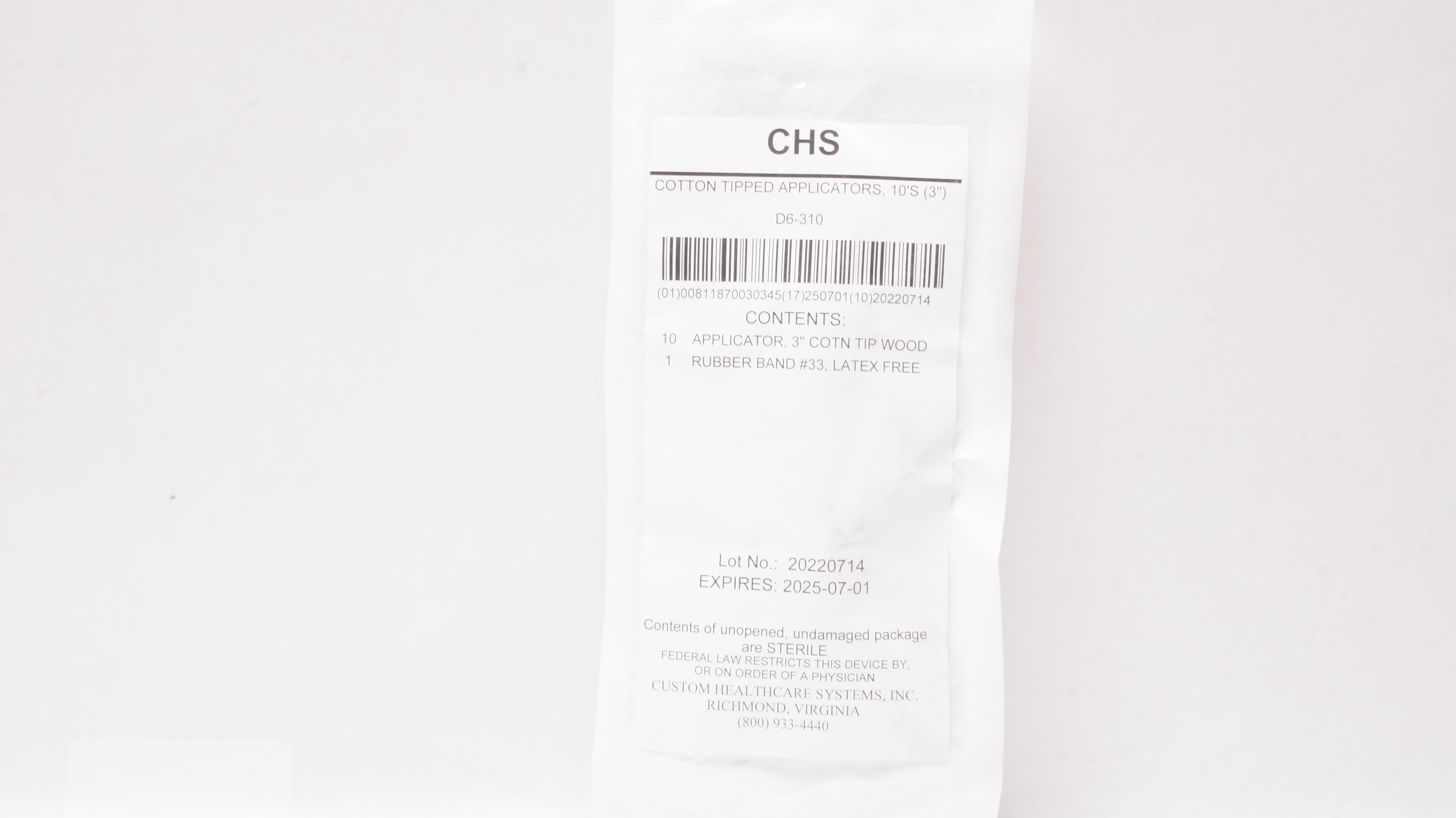 CHS D6-310 Cotton Tipped Applicators 3inch - Pack of 10