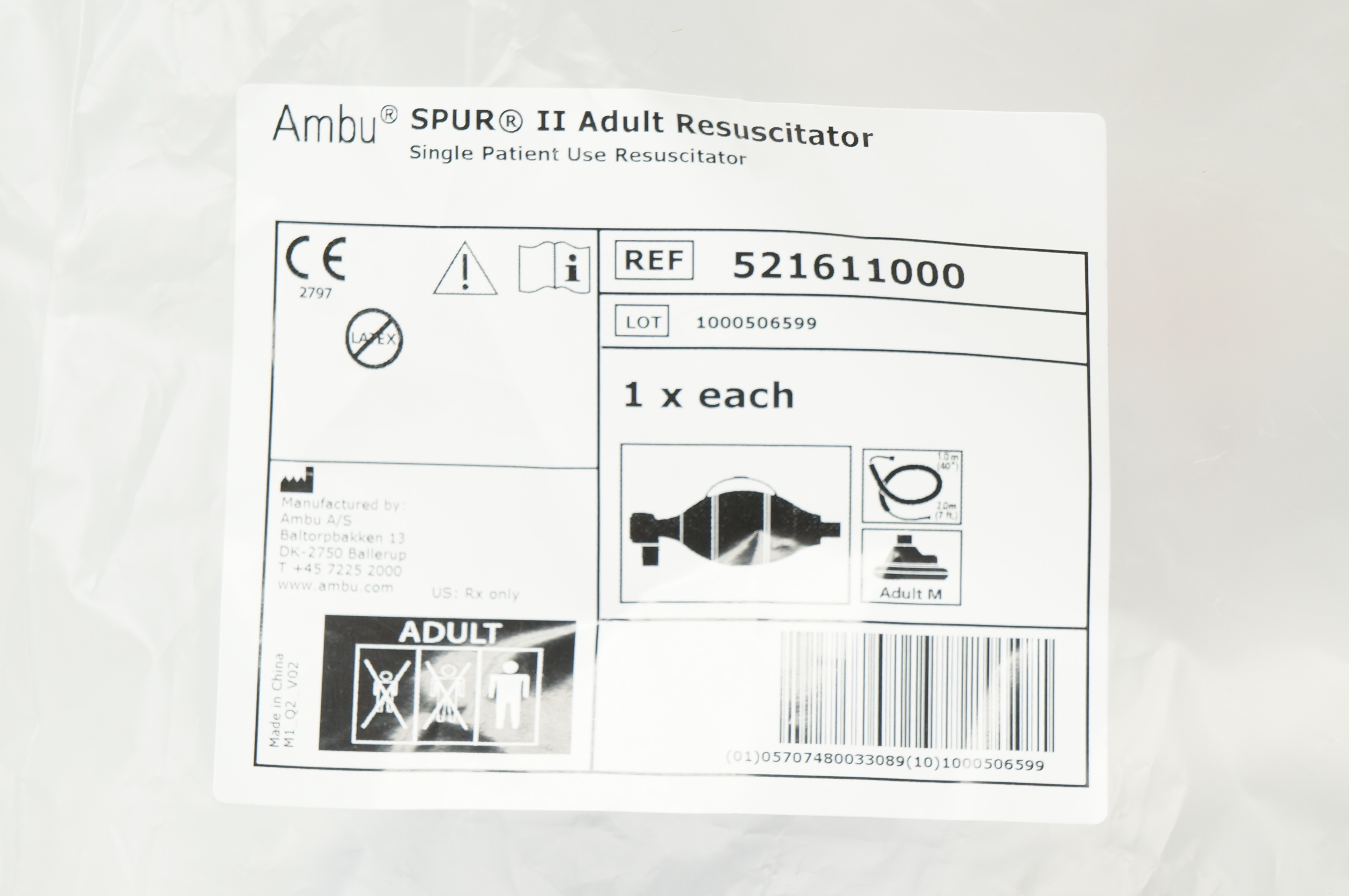 AMBU 521611000 SPUR II Adult Resuscitator, M 40inch x 7ft