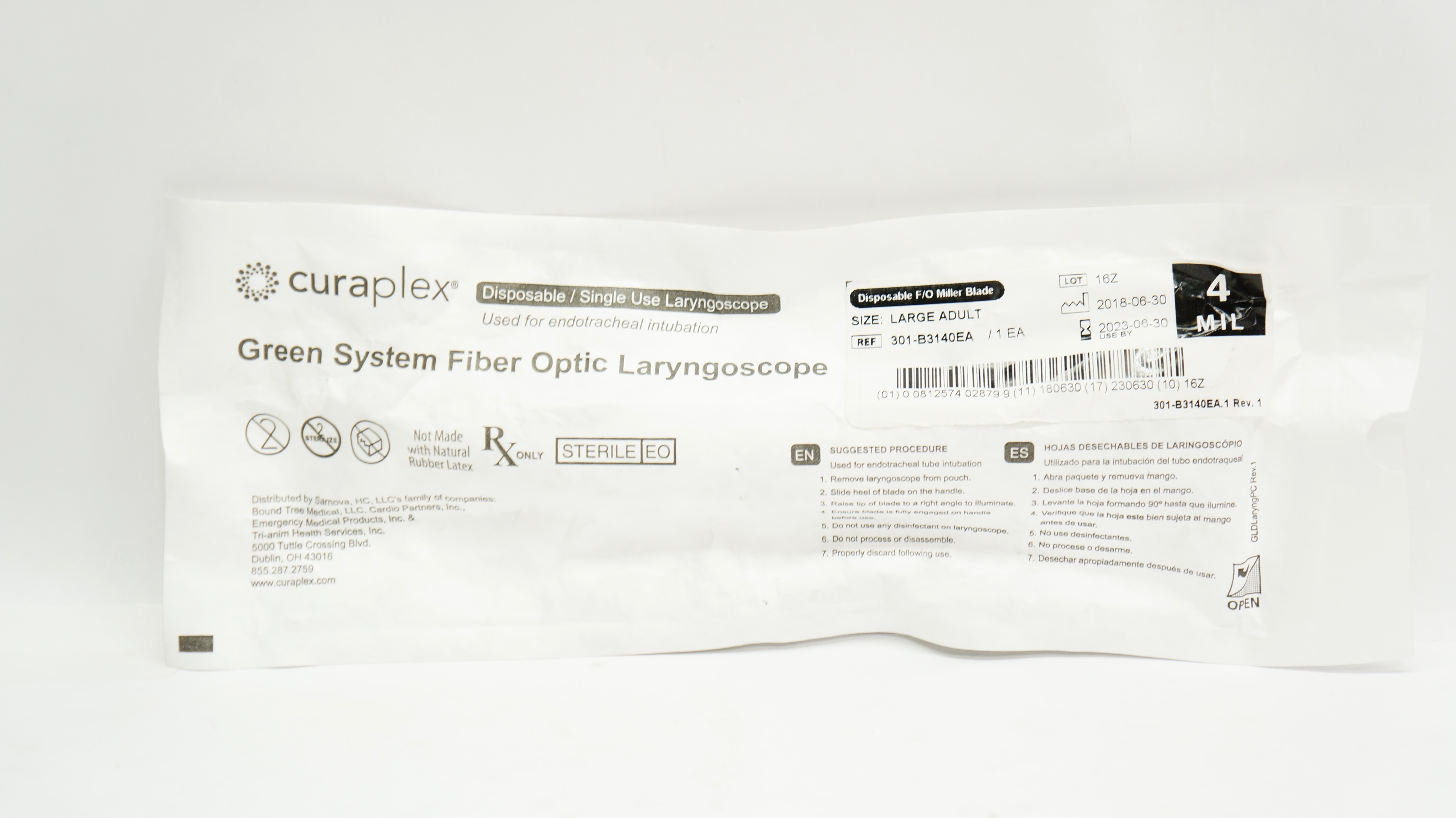 Curaplex 301-B3140EA Green System Fiber Optic Laryngoscope 4MIL, Large Adult (x)