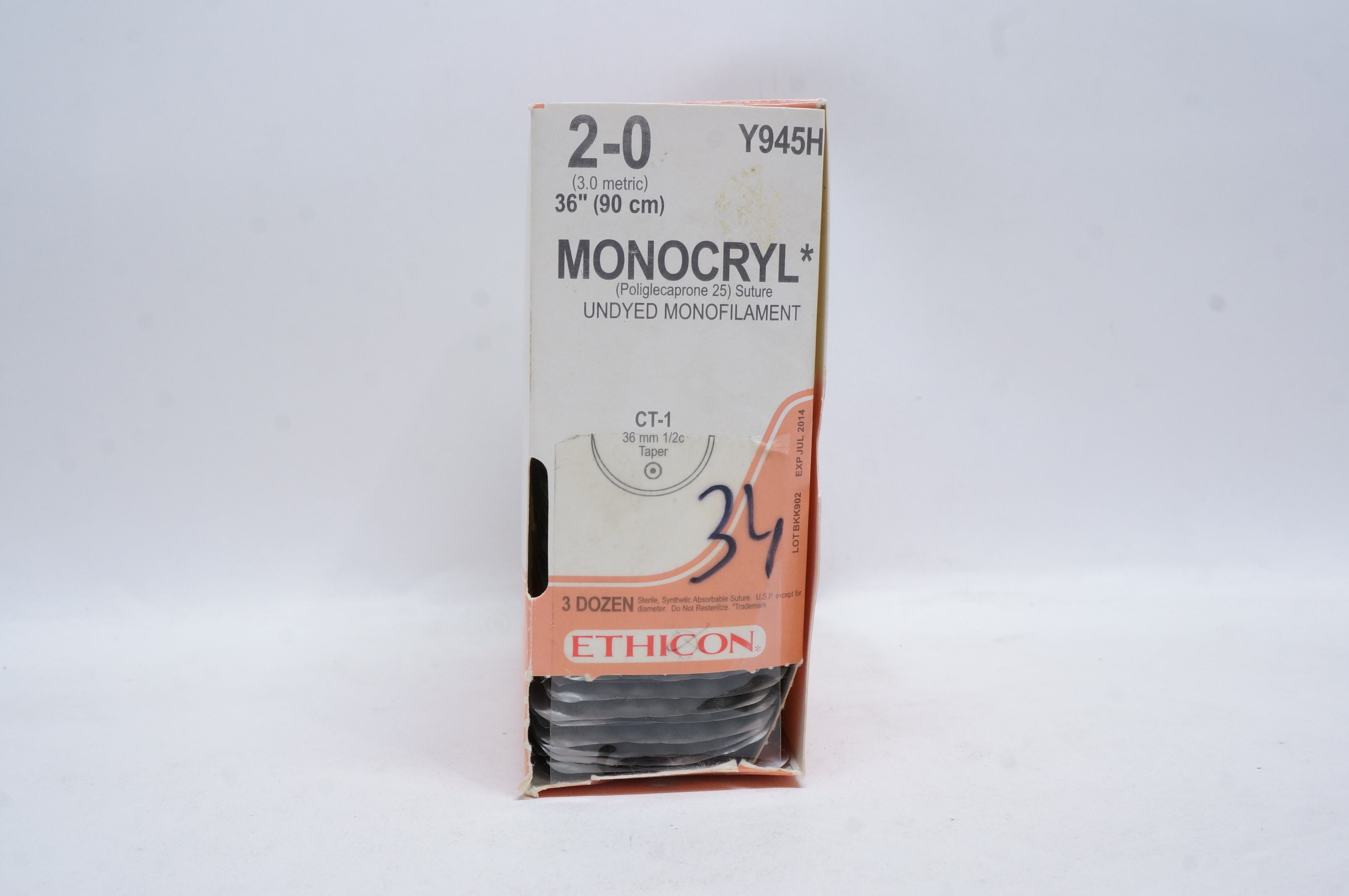 Ethicon Y945H 2-0 MONOCRYL, CT-1, 36mm 1/2c Taper, 36inch (x) - Box of 34