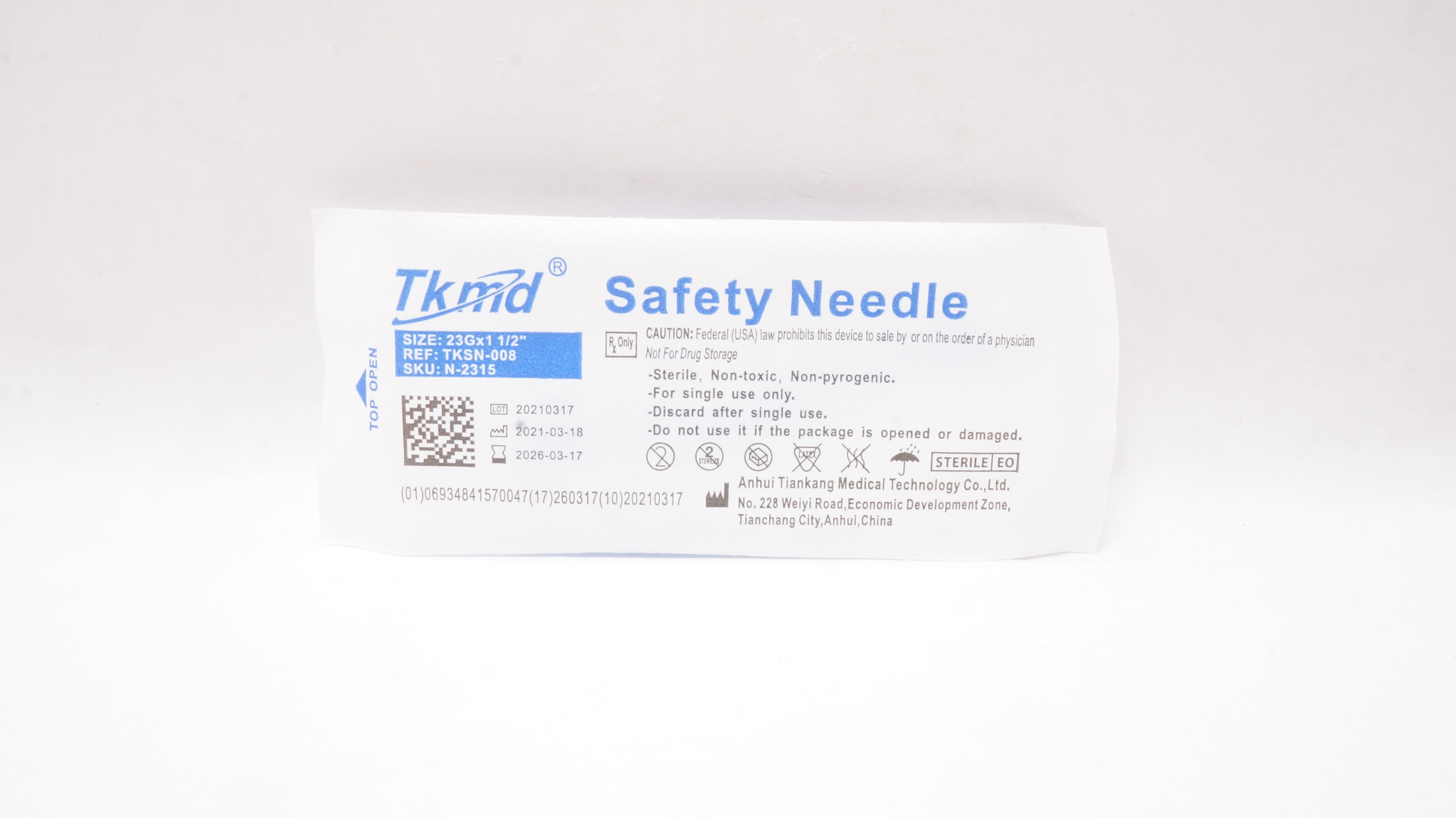 Anhui Tiankang Medical TKSN-008 N-2315 Tkmd Safety Ndle 23G x 1-1/2inch