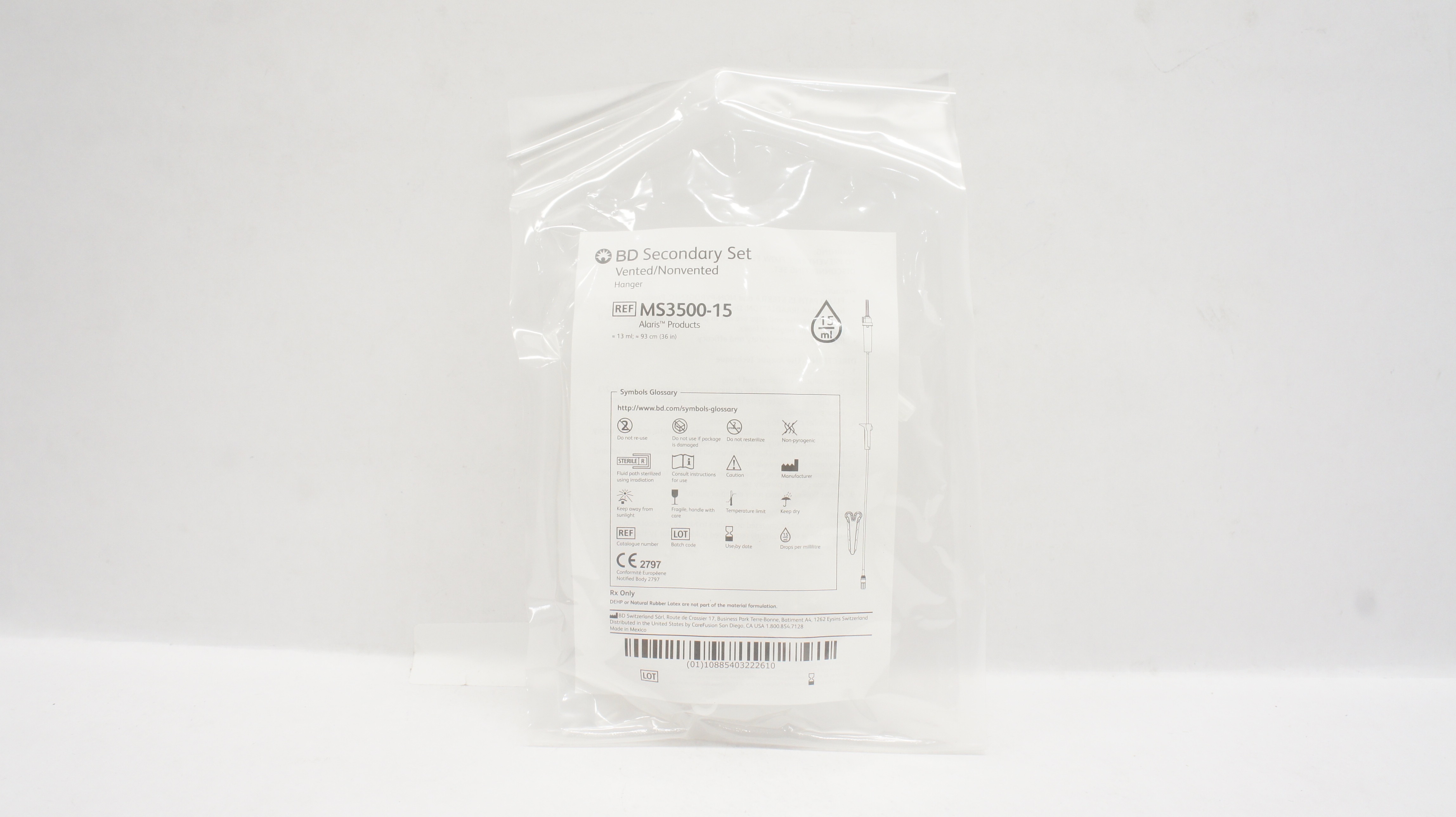 BD MS3500-15 Alaris Secondary Set Vented/Nonvented Hanger 13ml x 36inch