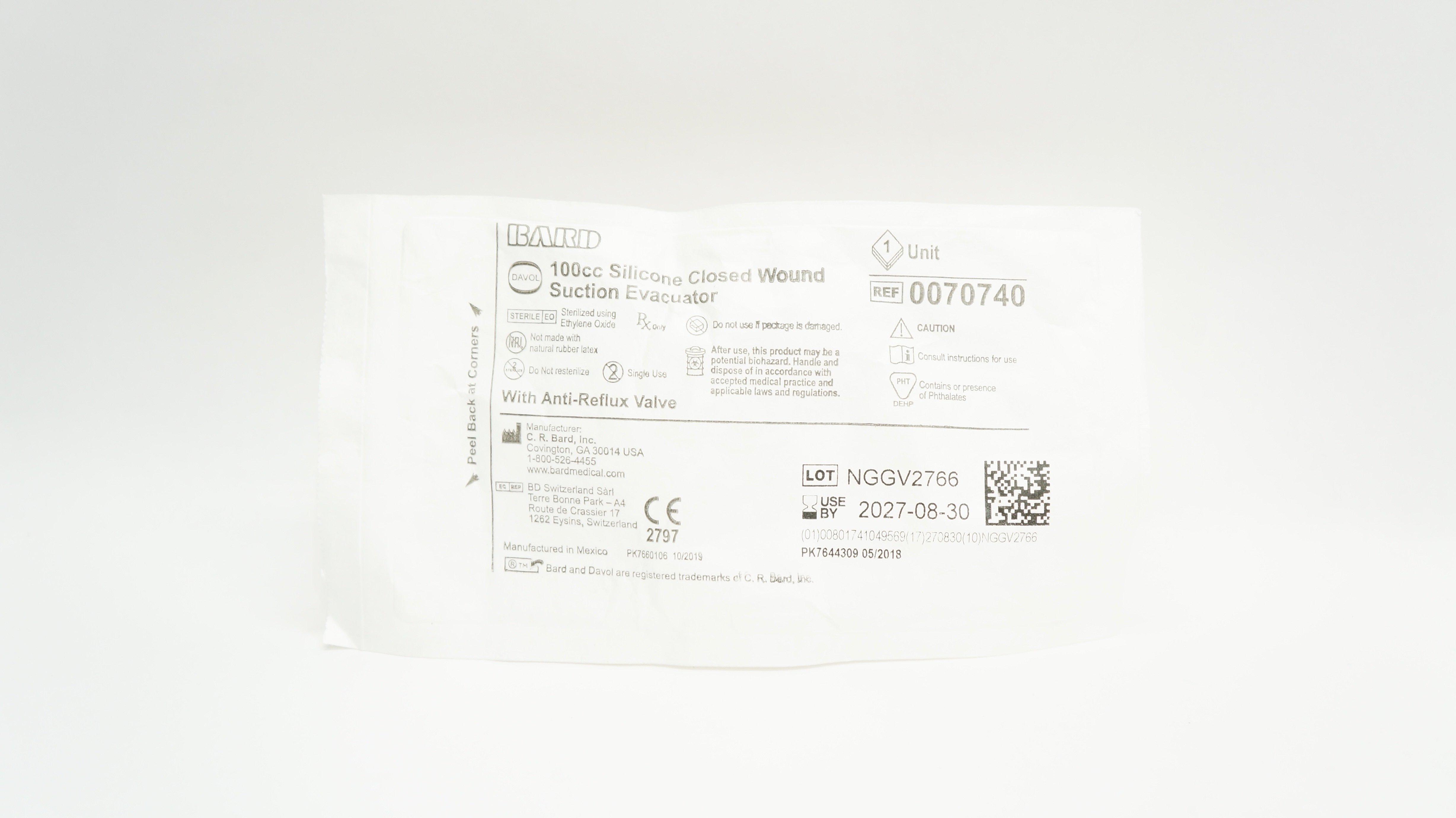 Bard V0070740 Novaplus 100cc Silicone Closed Wound Suction Evacuator
