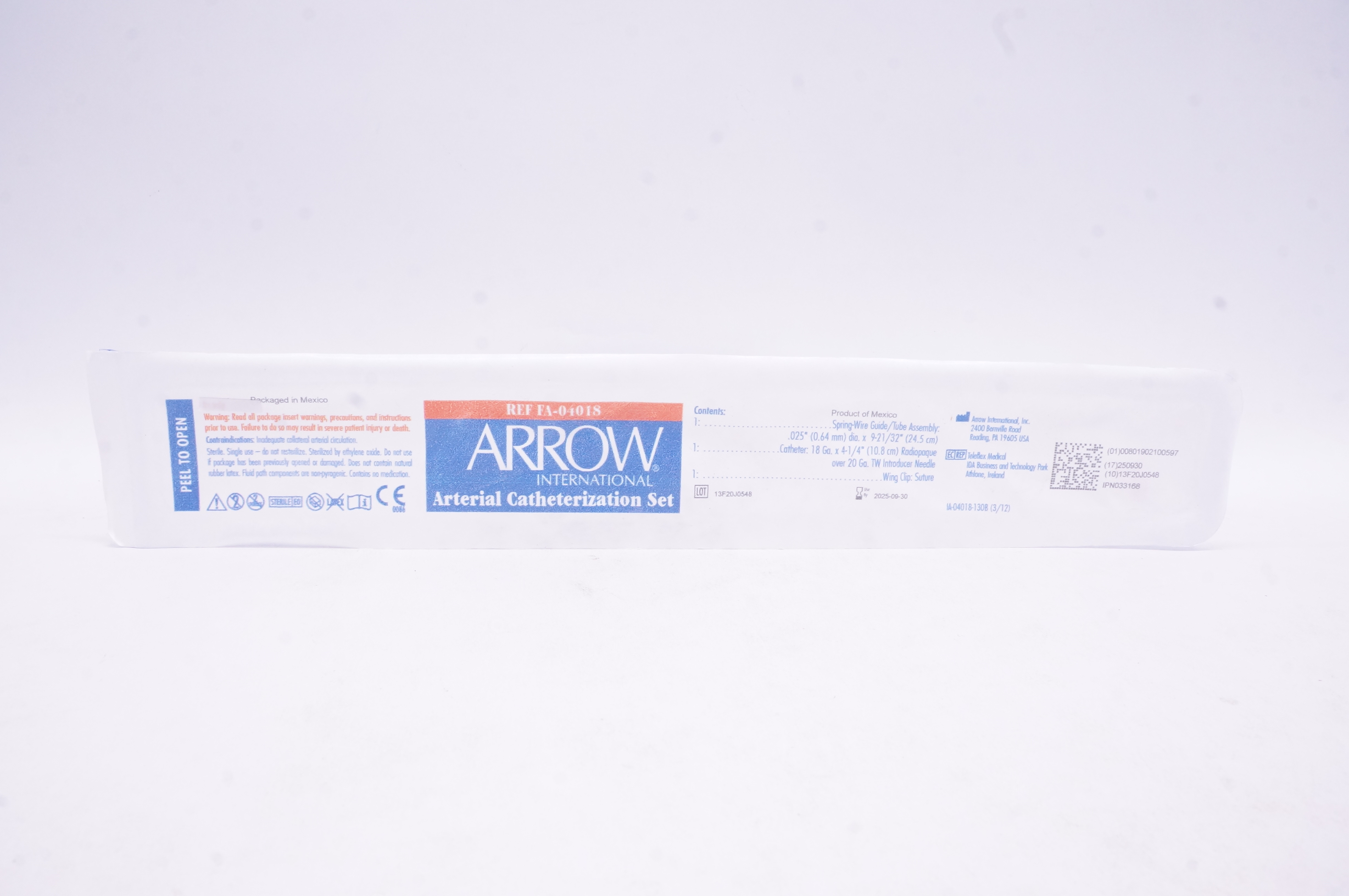 Arrow FA-04018 Arterial Catheterization Set .025inch x 9-21/32inch