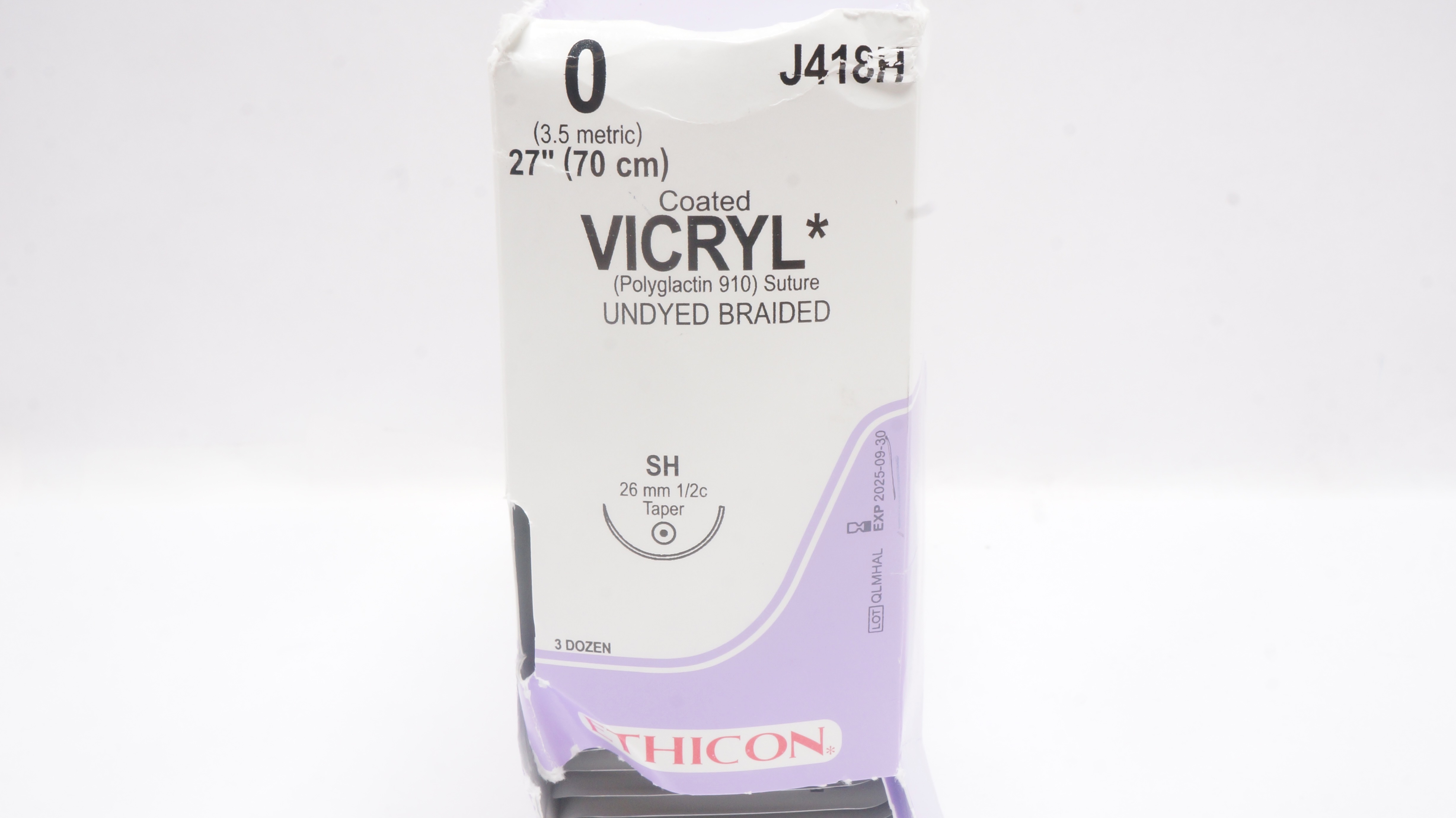 Ethicon J418H 0 COATED VICRYL Stre, SH 26mm 1/2c Taper 27inch - Box of 36