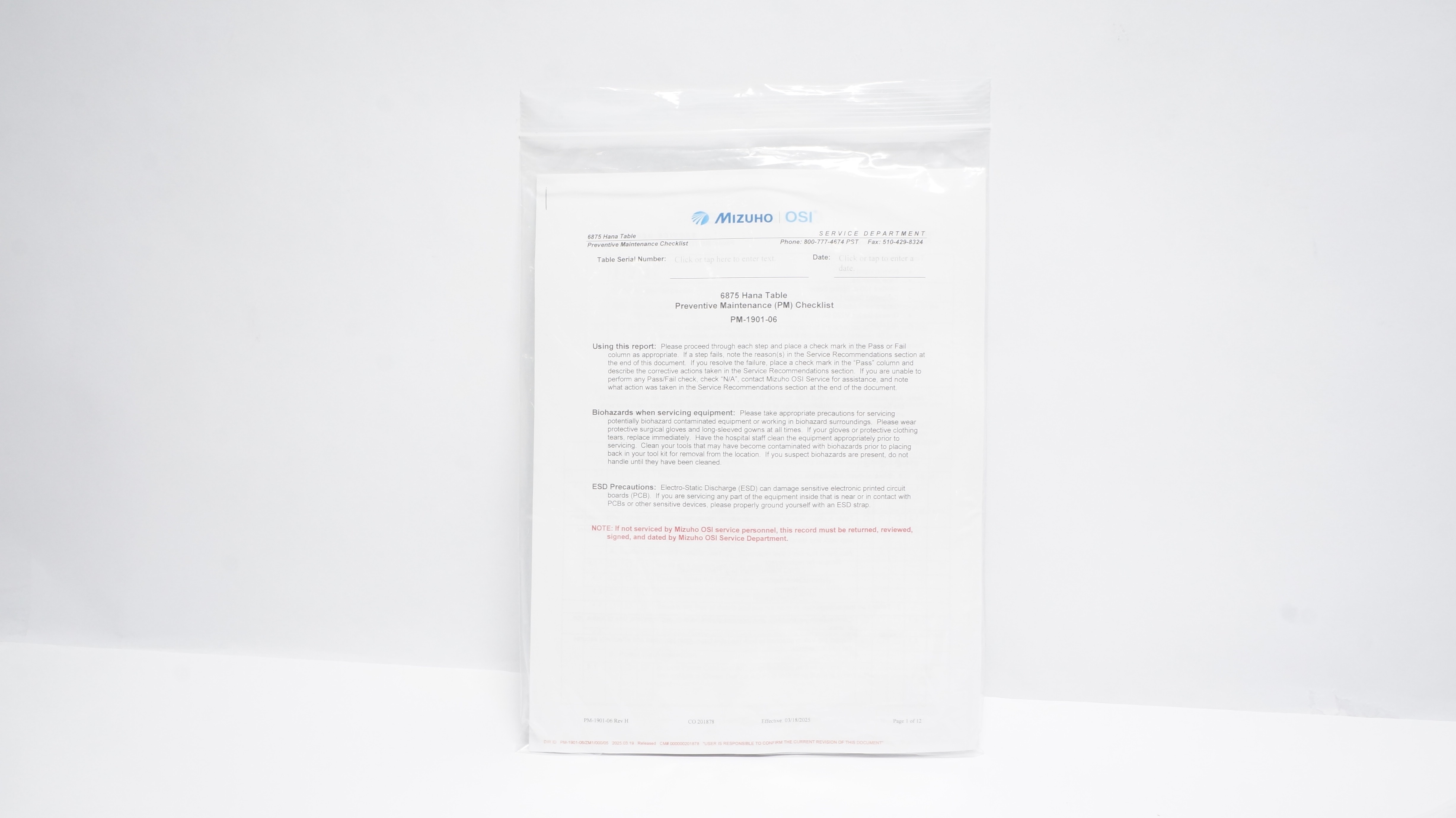 Mizuho OSI PM-1901-06 Hana table 6875 Preventive Maintenance Checklist