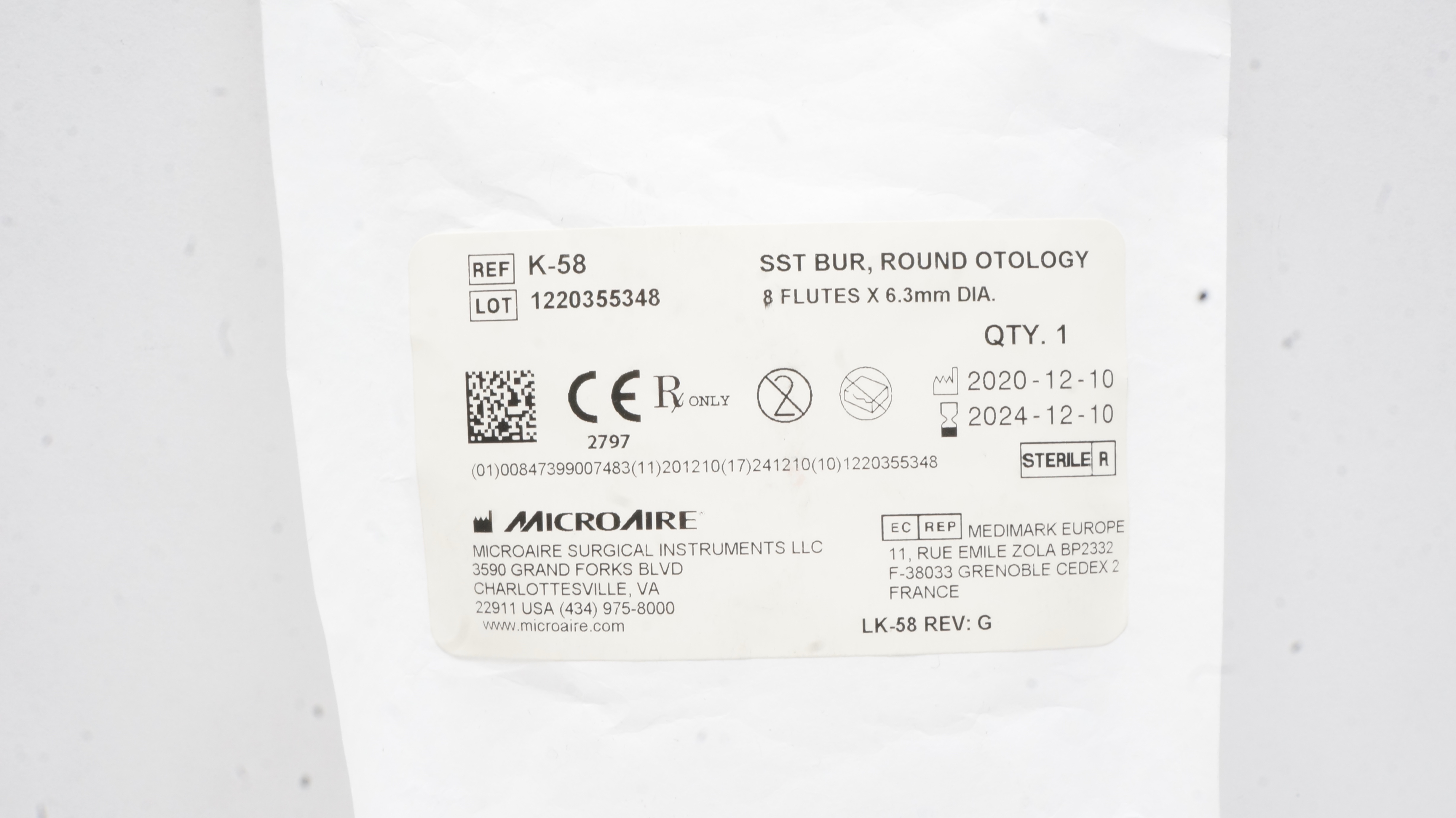 Microaire K-58 Otology Stainless Steel Round Bur, 8 Flutes x 6.3 mm (x)