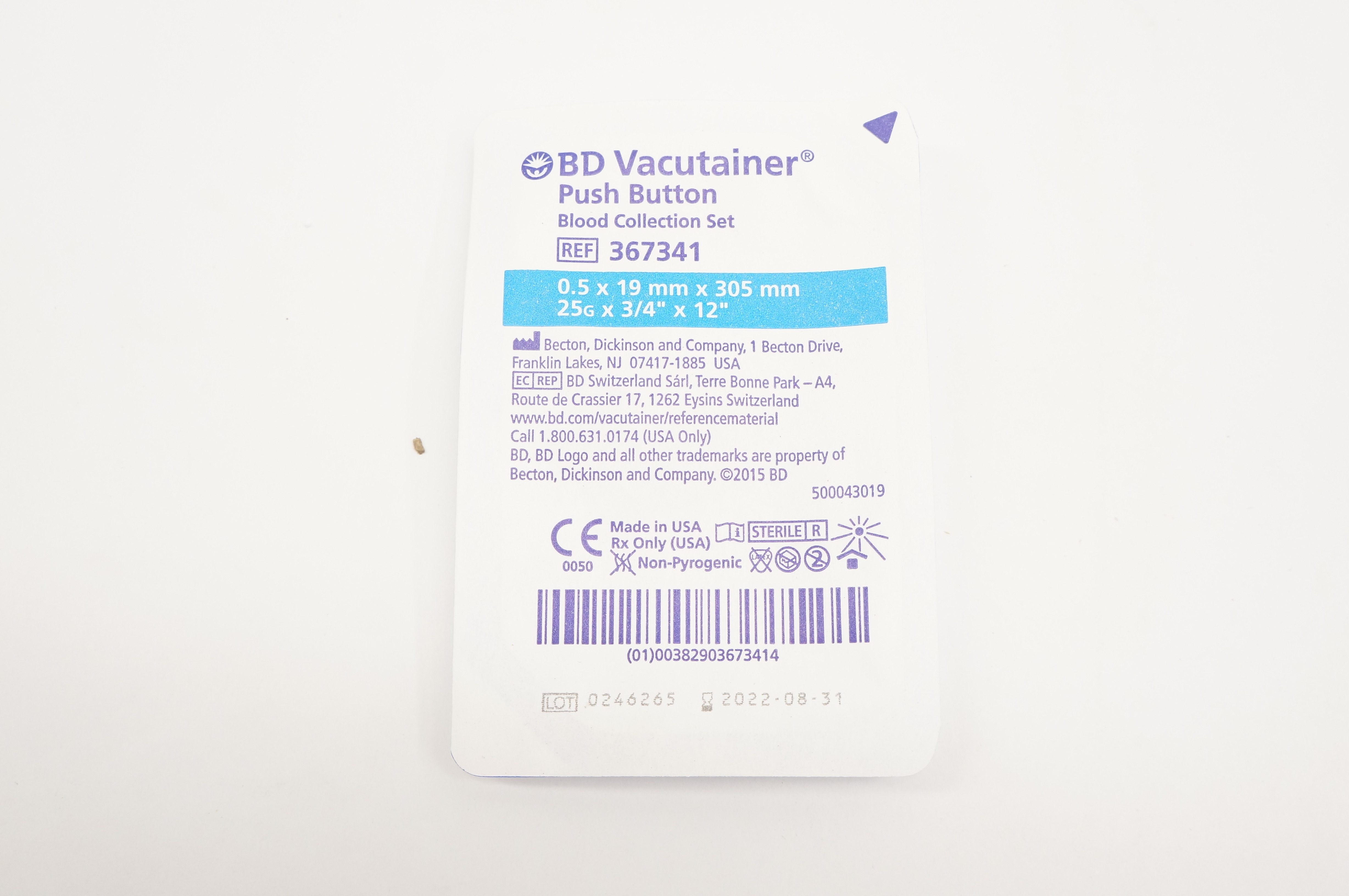 BD 367341 Vacutainer Push Button Blood Collection Set 25G x 3/4inch x 12inch (x)