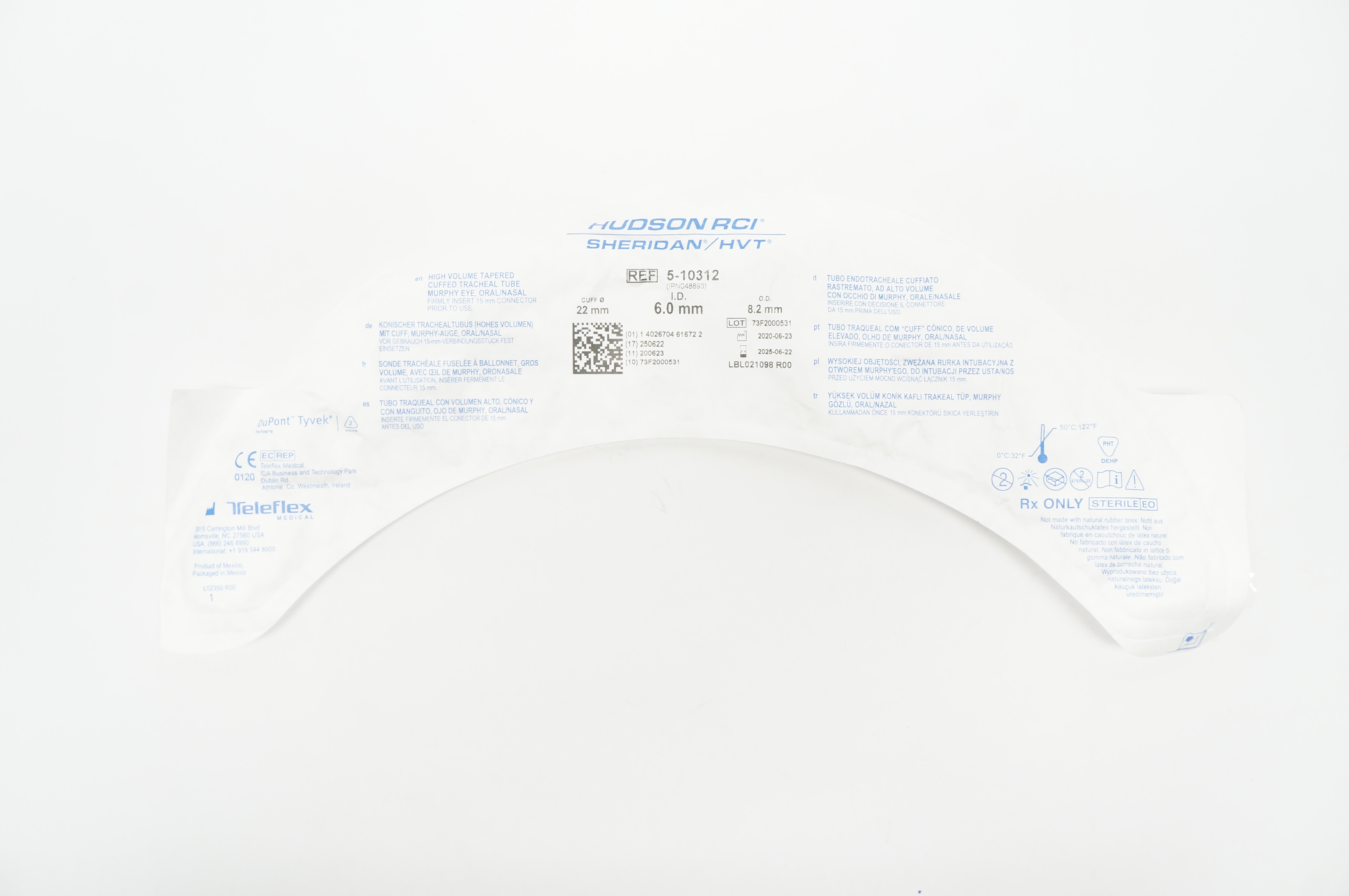 Teleflex 5-10312 Hudson RCI Sheridan HVT Cuffed Tracheal Tube 6.0 x 8.2 x 22mm