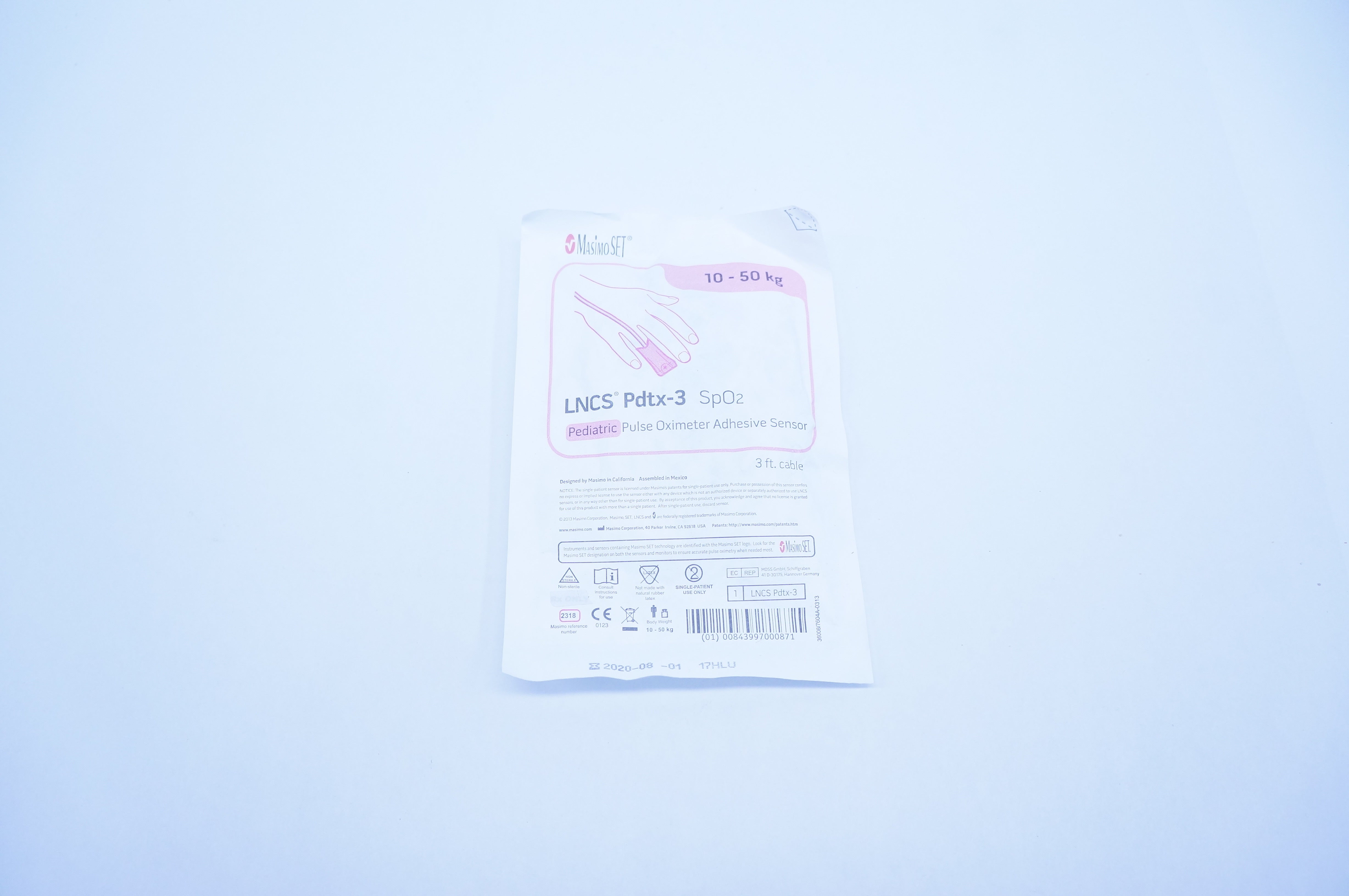 Masimo 2318 LNCS Pdtx-3 SpO2 Pediatric Pulse Oximeter Adhesive Sensor 10-50kg(x)