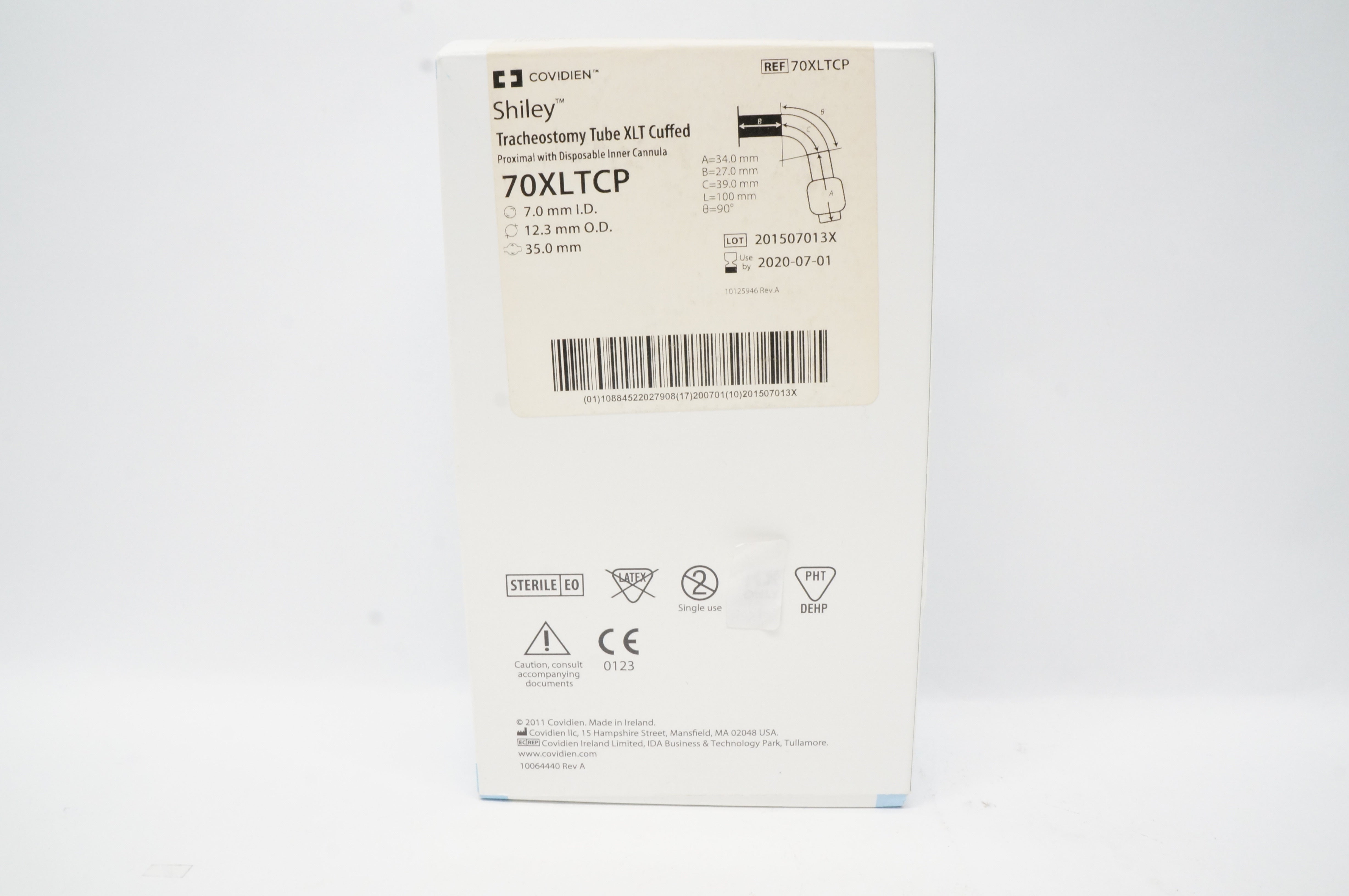 Covidien 70XLTCP Shiley Tracheostomy Tube XLT Cuffed 7.0ID x 12.3OD x 35.0mm (x)