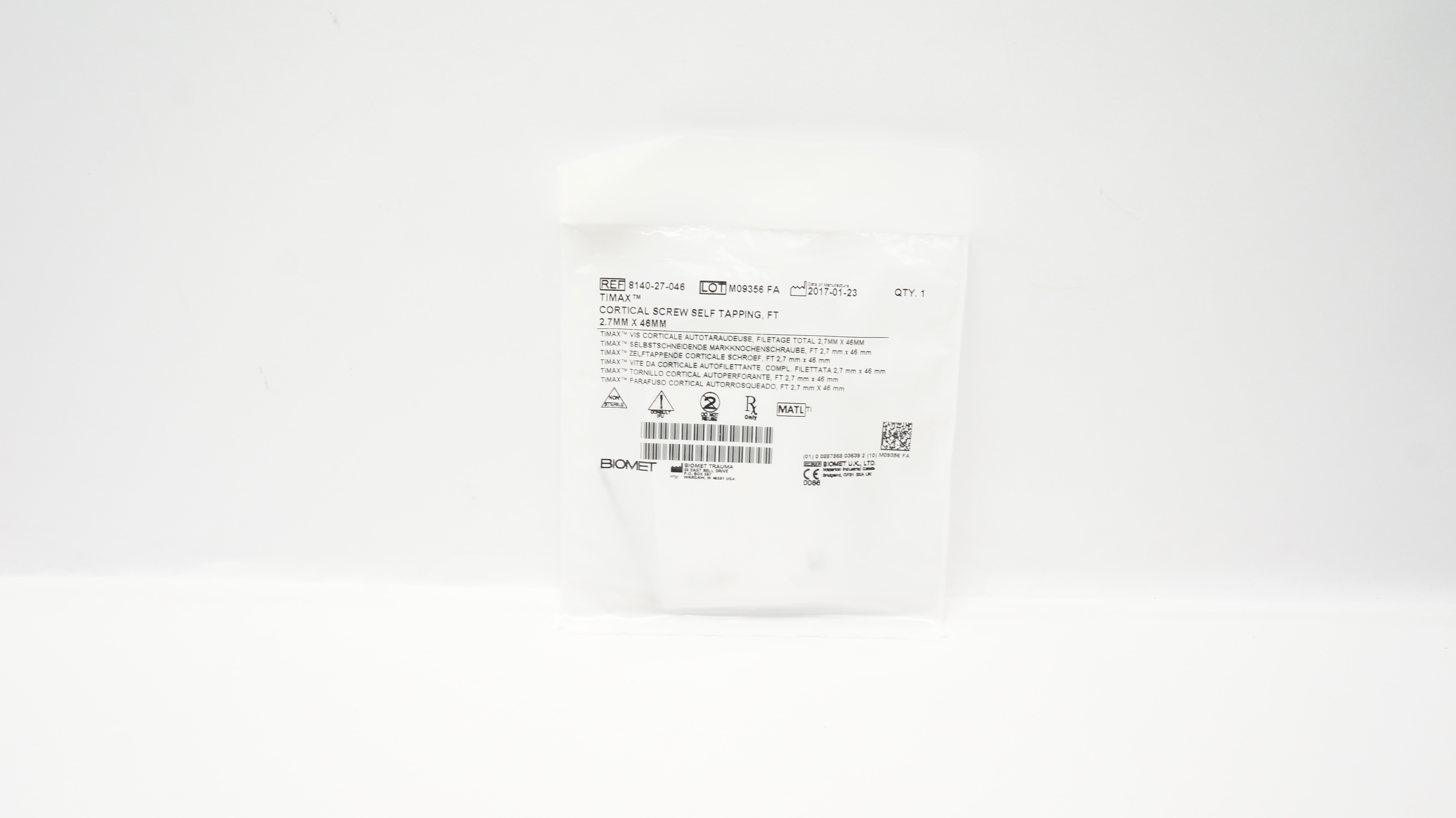 Biomet 8140-27-046 Timax Cortical Screw Self Tapping, FT 2.7mm x 46mm