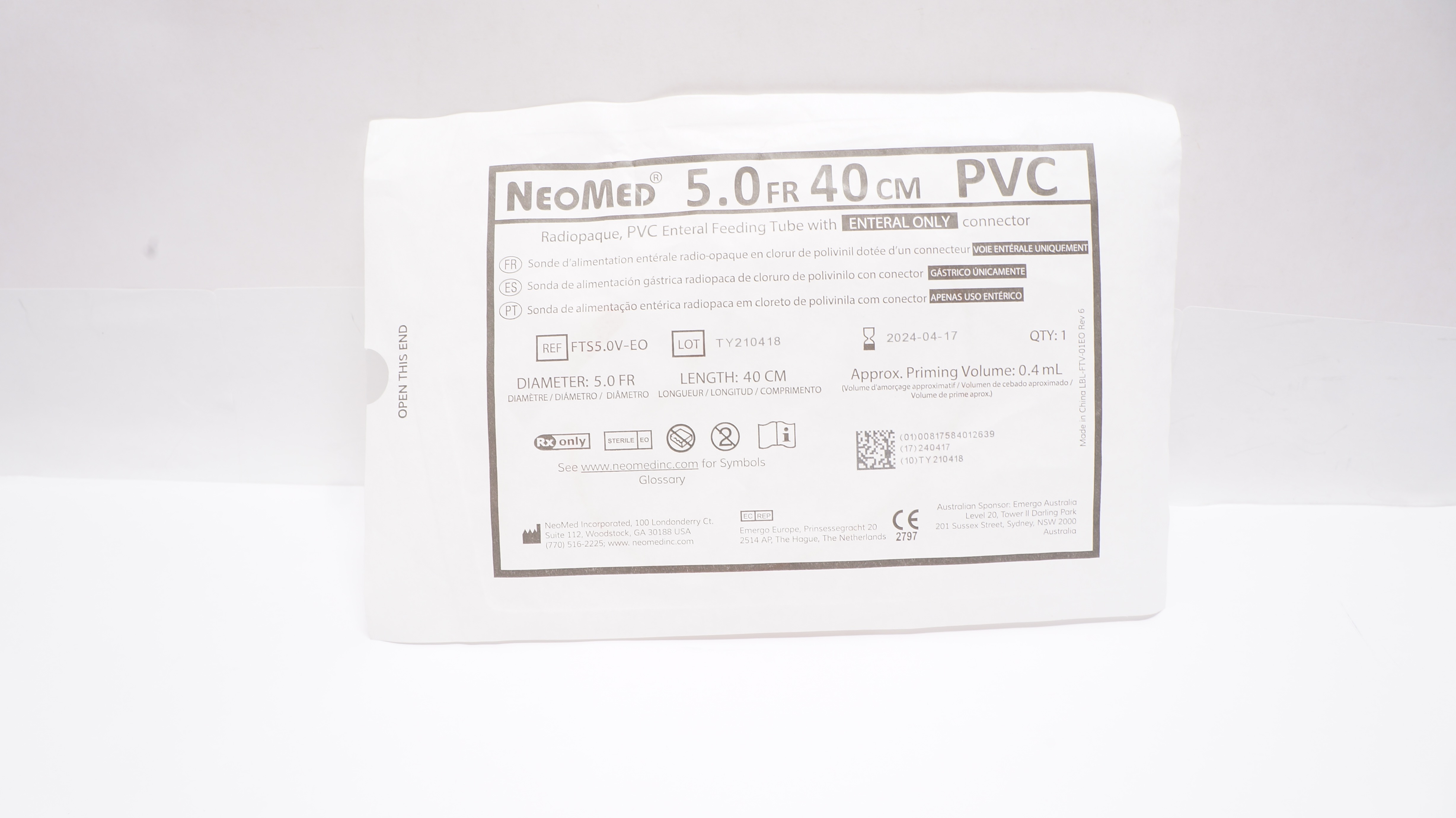 NeoMed FTS5.0V-EO Radiopaque,PVC Enteral Feeding Tube W/Connector 5.0Fr 40cm