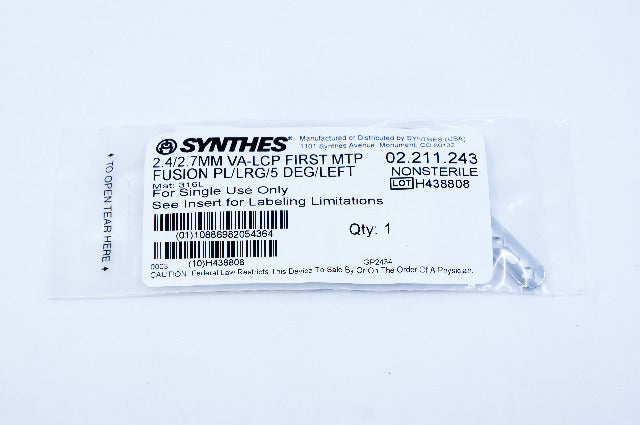 Synthes 02.211.243 2.4/2.7MM VA-LCP FIRST MTP FUSION PL/LRG/5 DEG/LEFT