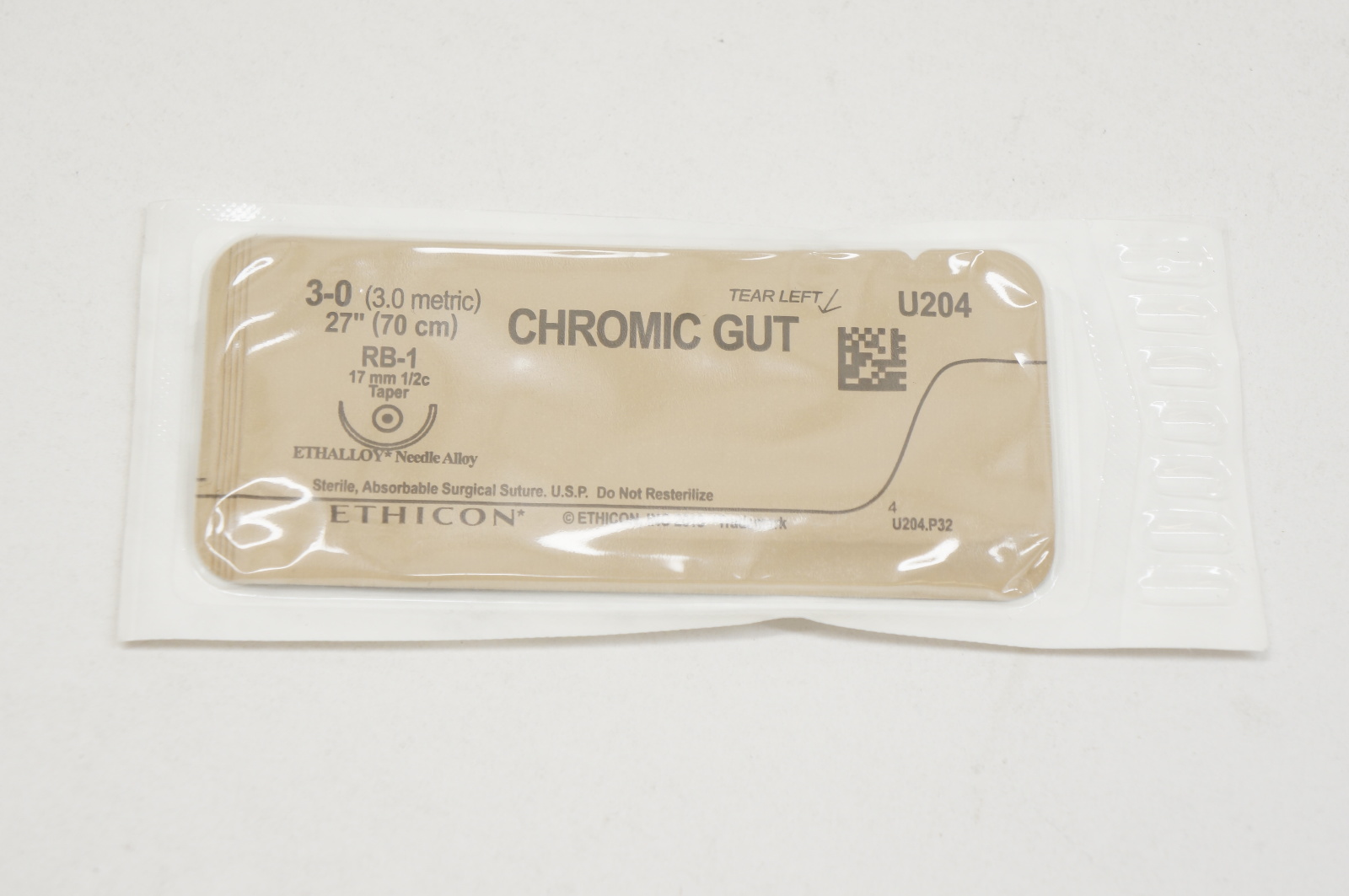 Ethicon U204 3-0 CHROMIC GUT, RB-1, 17mm 1/2c Taper, 27inch