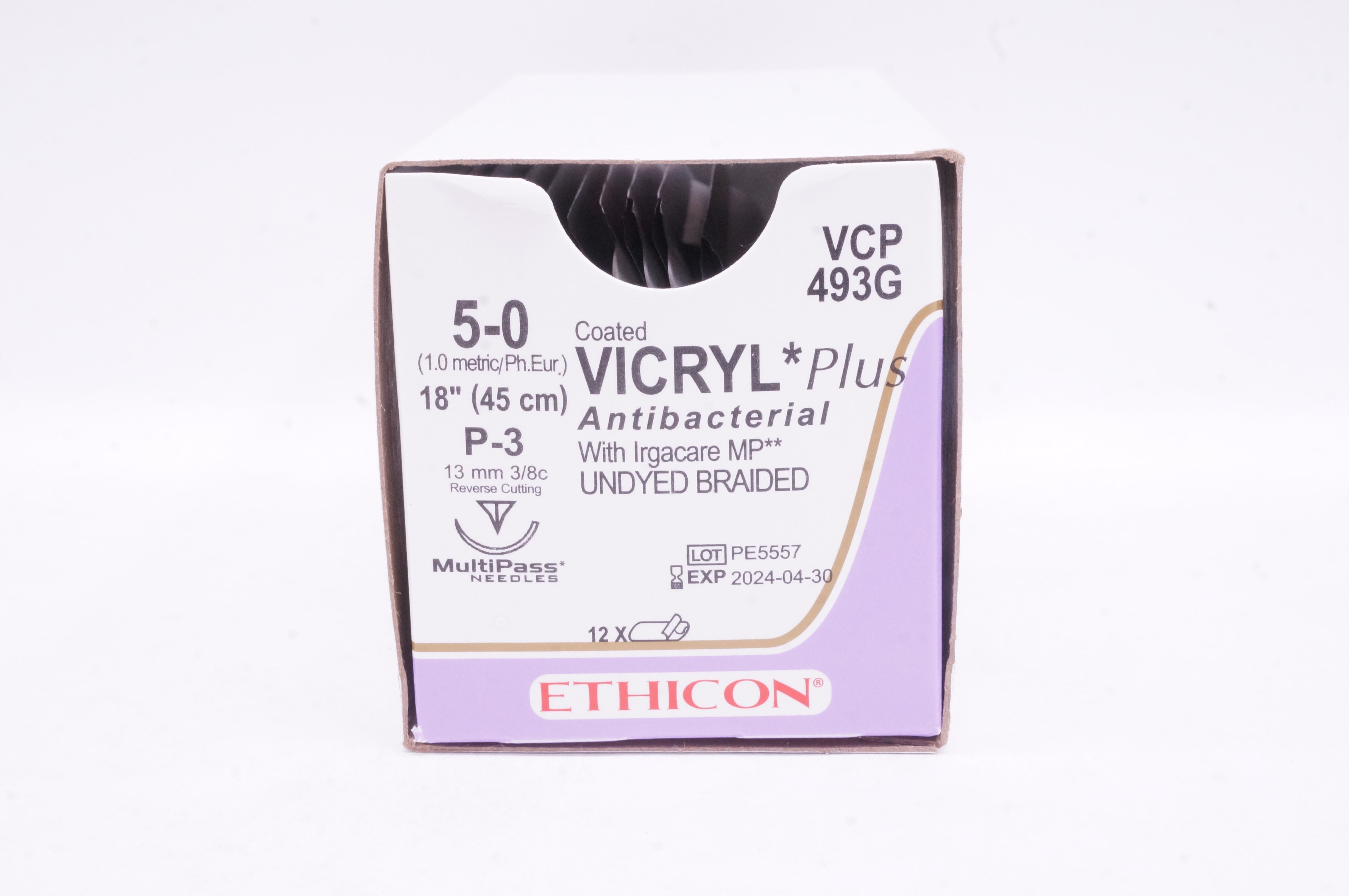 Ethicon VCP493G VICRYL Plus, P-3, Undyed Braided 18inch - Box of 10