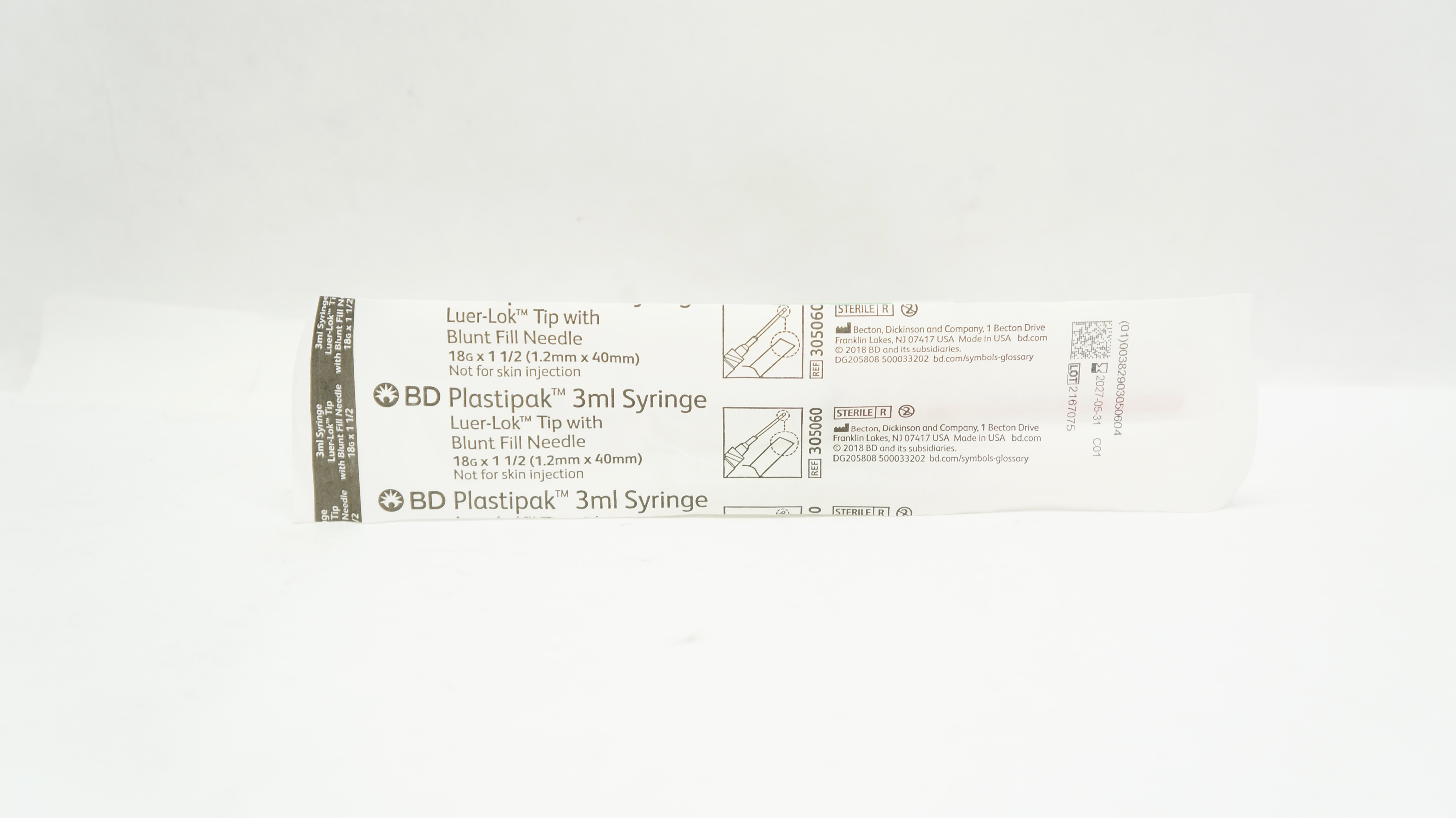BD 305060 Syringe 3ml Luer-Lok Tip with Blunt Fill Ndle 18G x 1-1/2inch