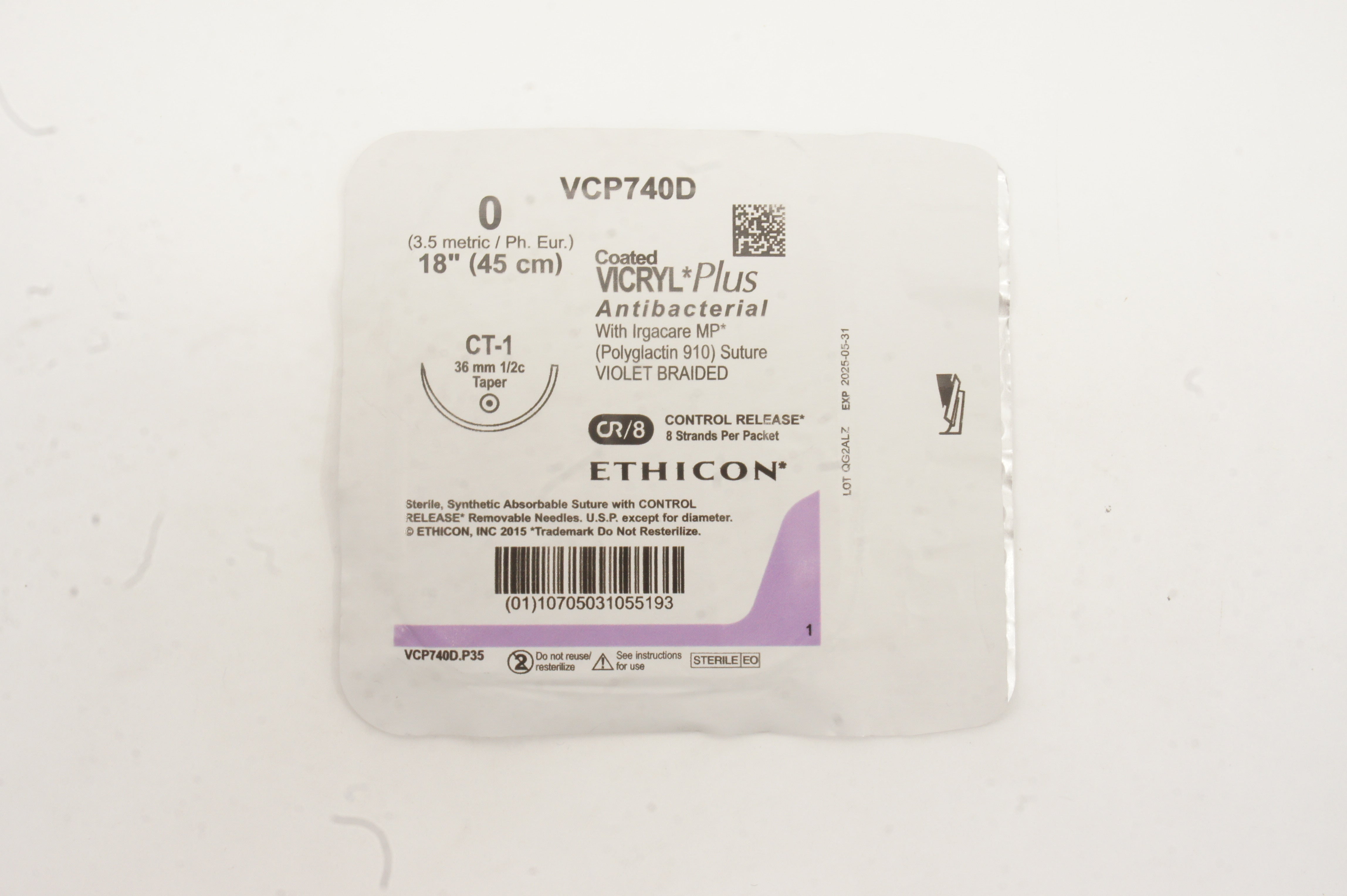 Ethicon VCP740D VICRYL Plus 0 CT-1 36mm 1/2c Taper, 18inch
