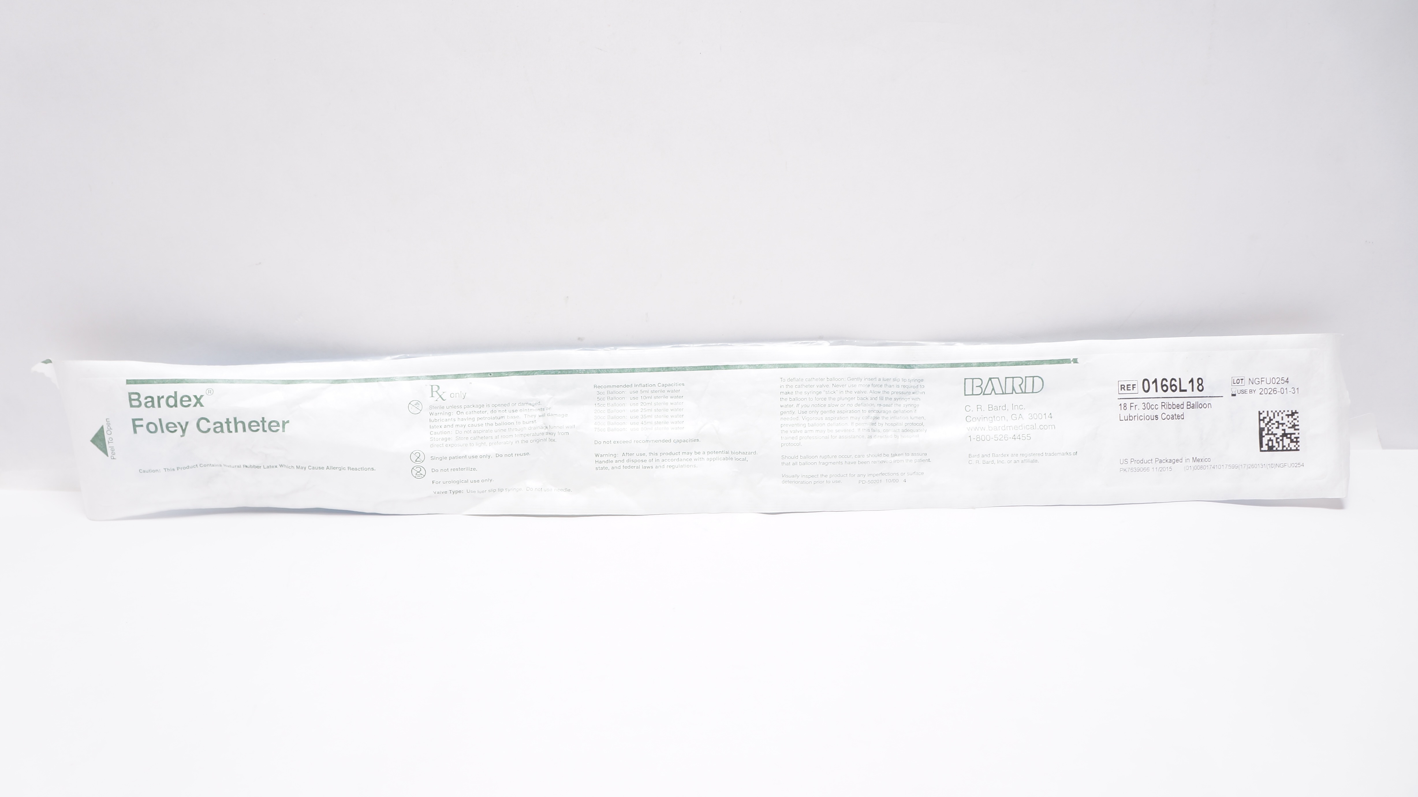 Bard 0166L18 Bardex Foley Cath.18 Fr. 30cc Ribbed Balloon Lubricious Coated