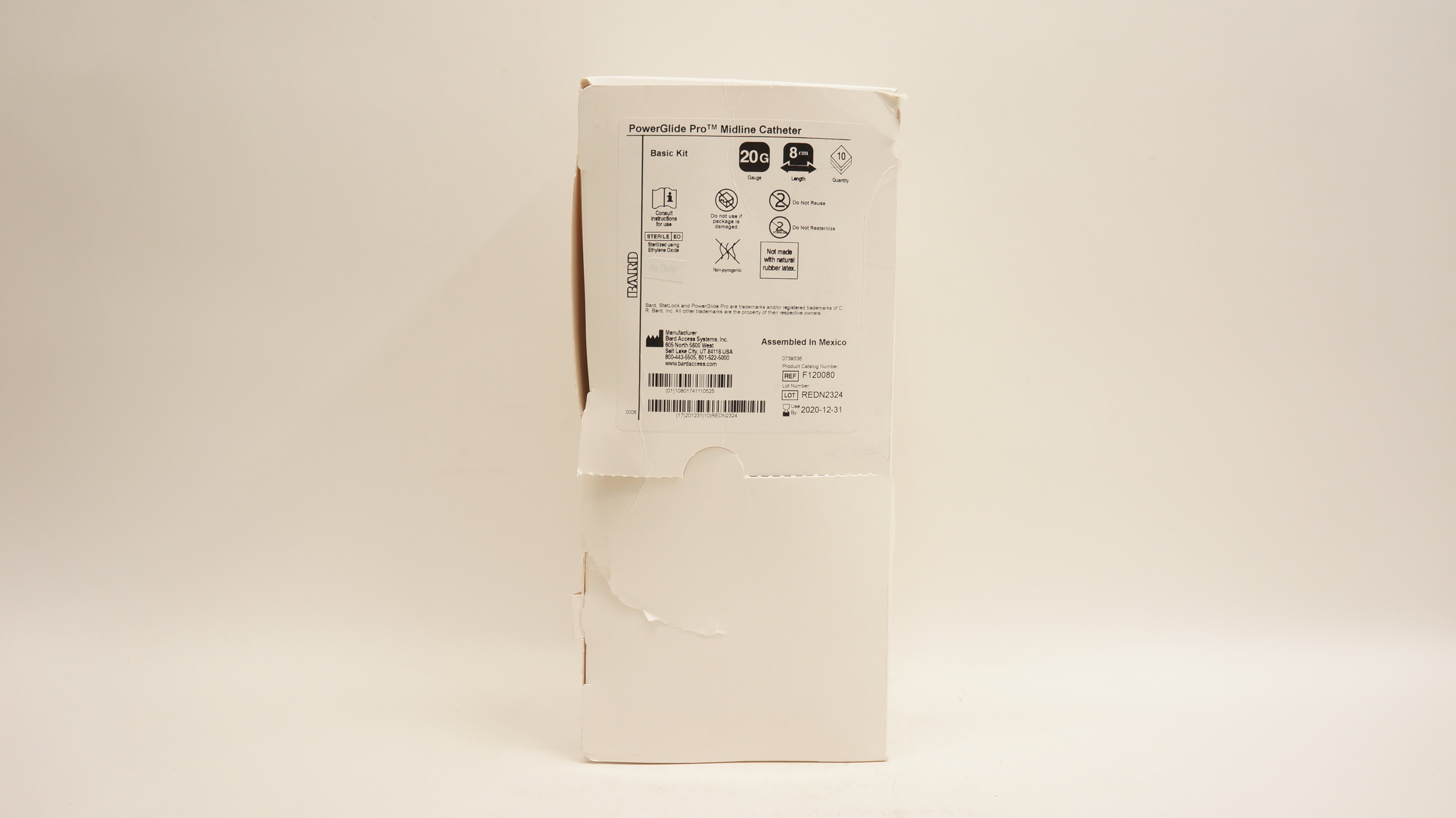 Bard F120080T PowerGlide Pro Midline Cath. W/Reinforced Tip 20Gx3.1in-Boxof10(x)