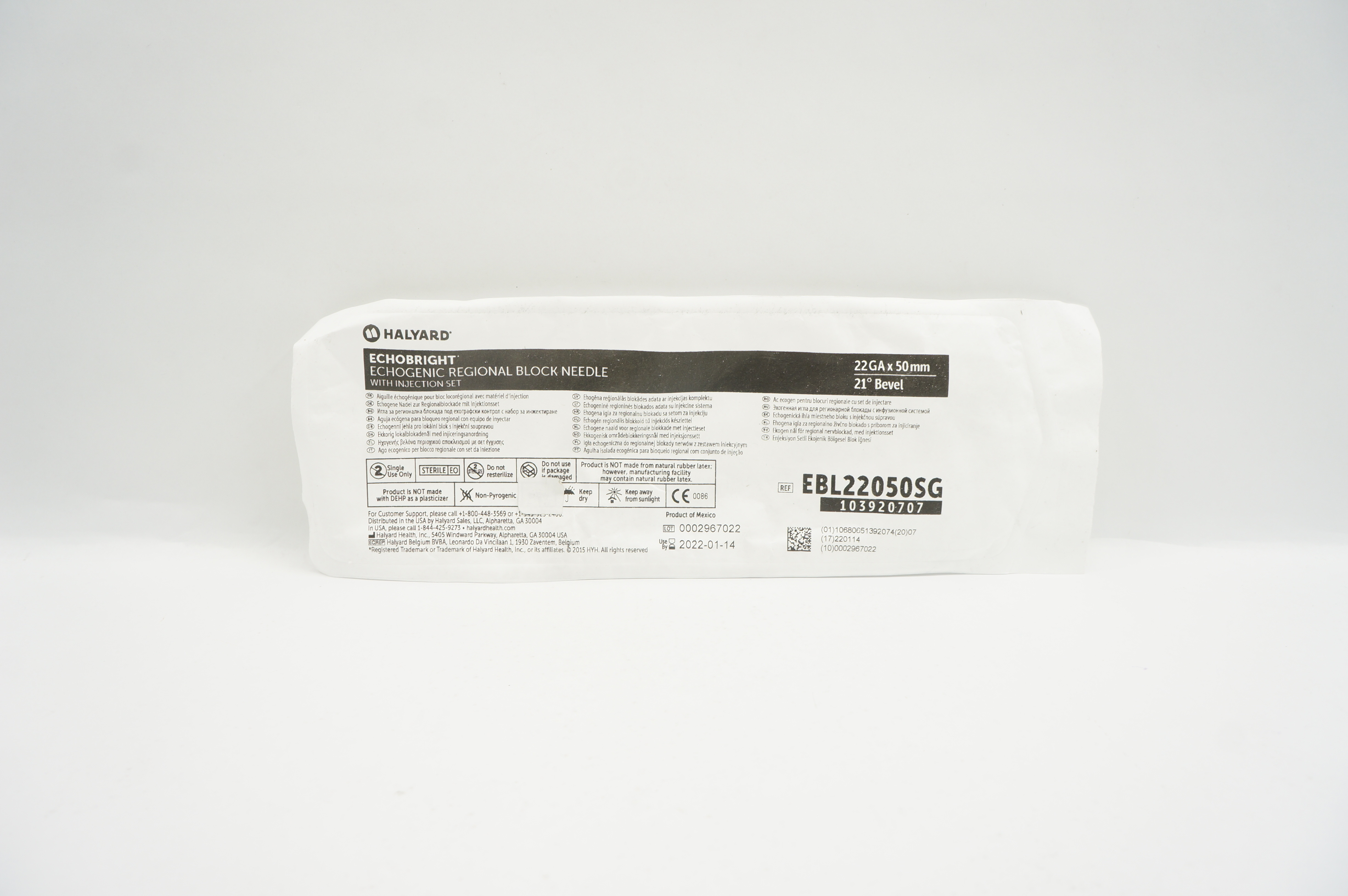 Halyard EBL22050SG EchoBright Echogenic Regional Block Ndle 22Ga x 50mm