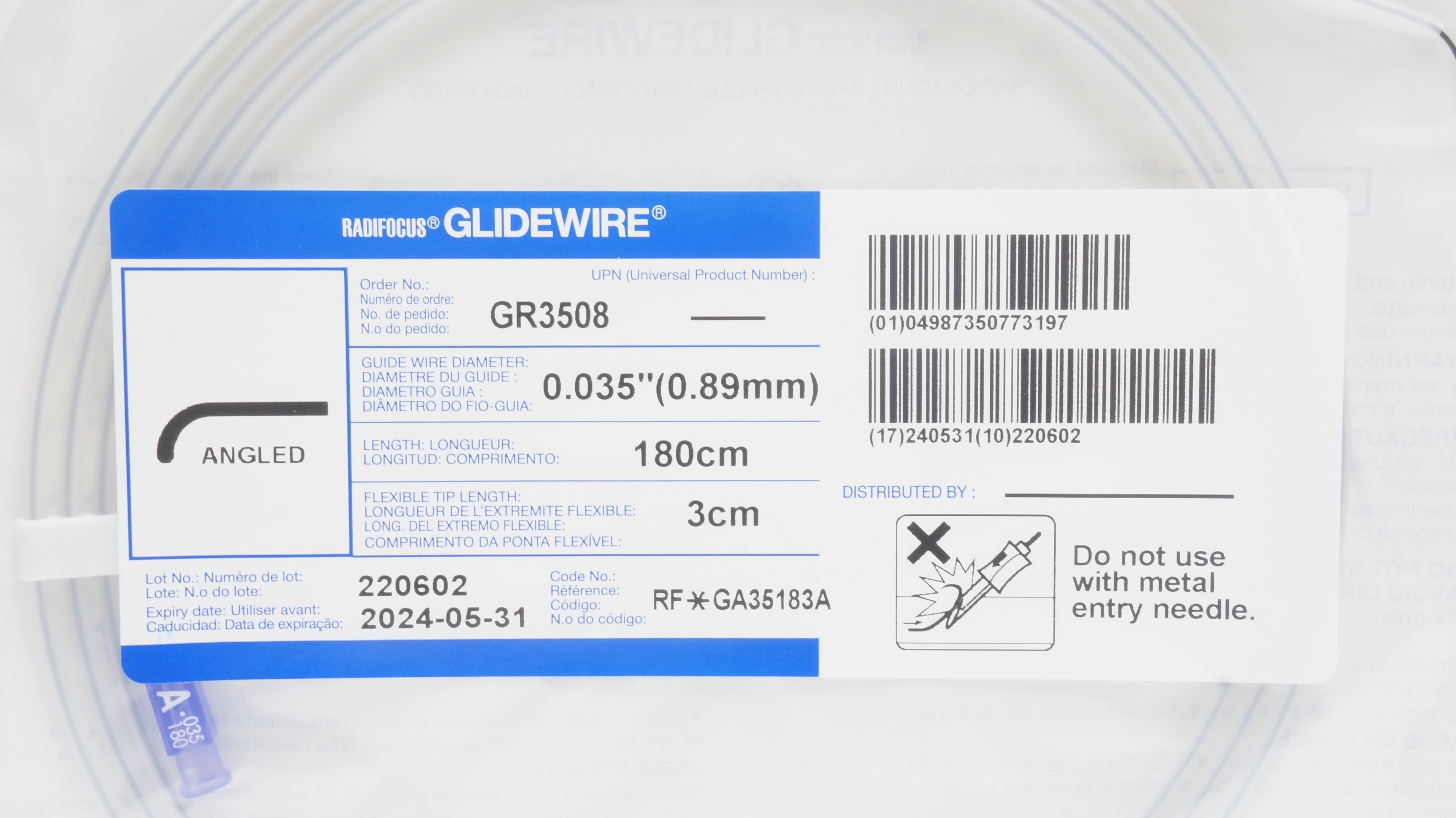 Terumo GA35183A Radifocus Glidewire Angled Guide Wire 0.035inch x 3cm x 180cm(x)