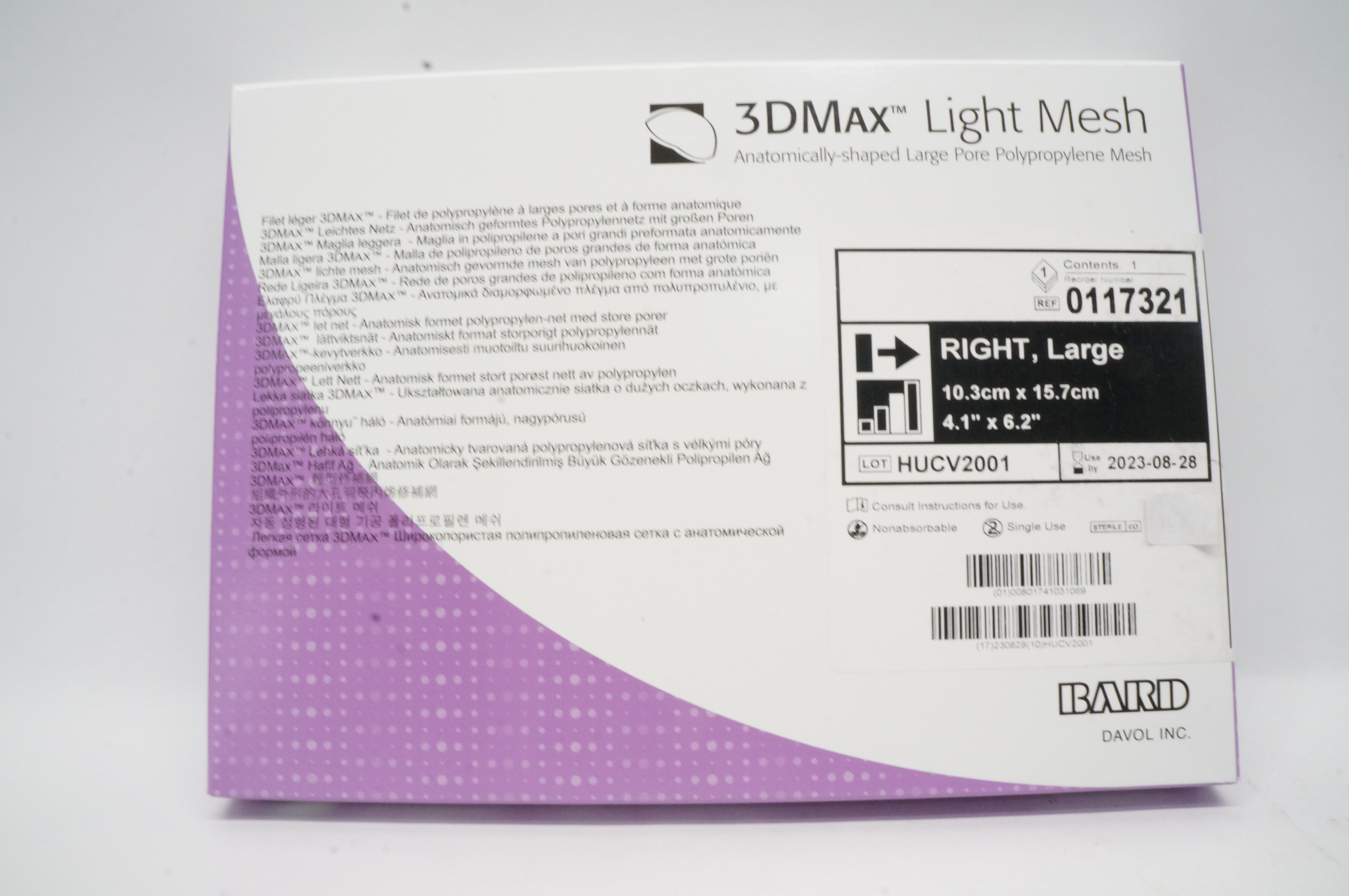 Bard 0117321 3DMax Anatomically-Shaped Polypropylene Light Mesh 4.1 x 6.2 inch