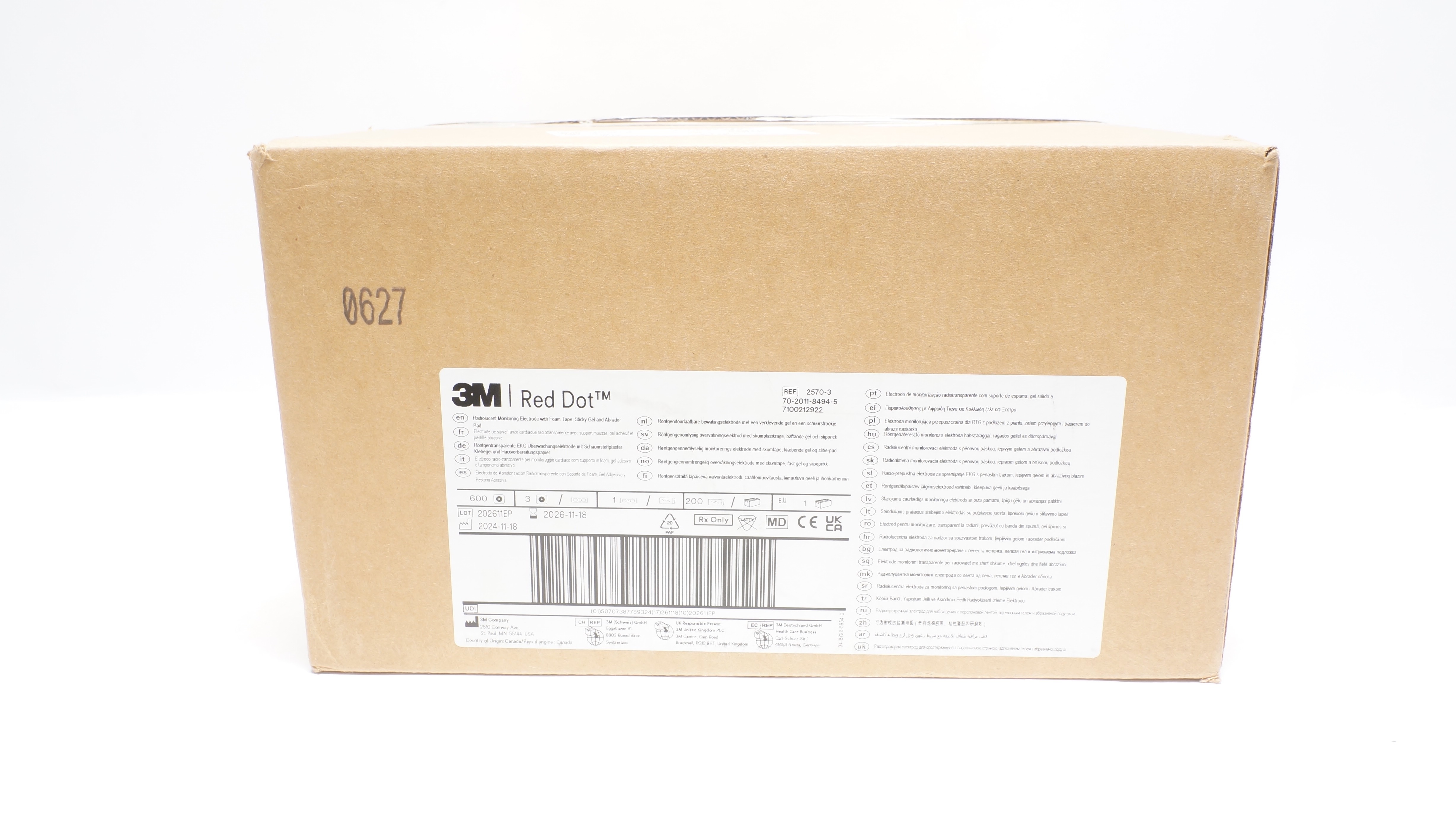 3M 2570-3 Red Dot Radiolucent Monitoring Electrode - Box of 200
