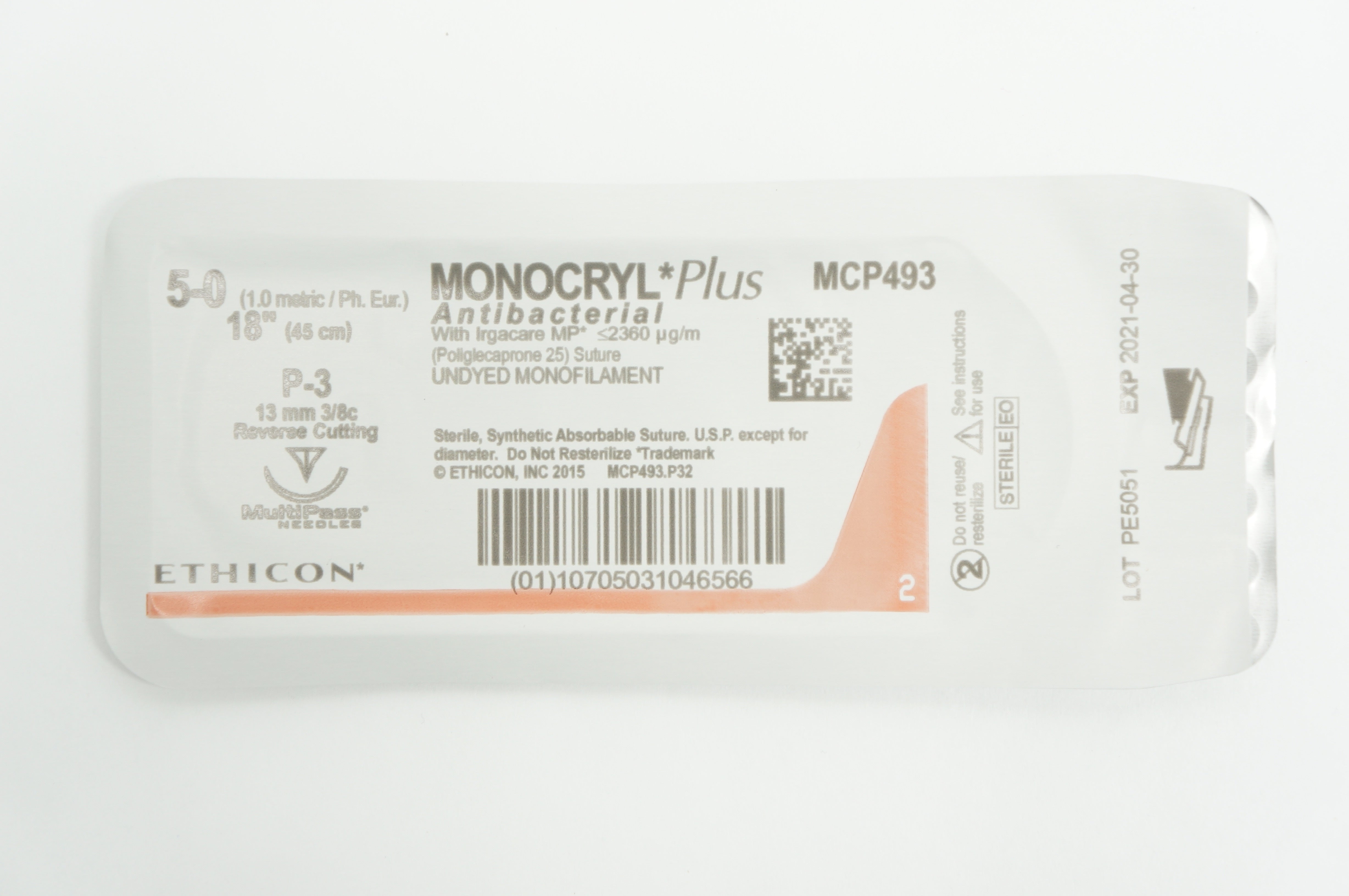Ethicon MCP493 5-0 MONOCRYL Plus, P-3, 13mm 3/8c Reverse Cutting, 18inch