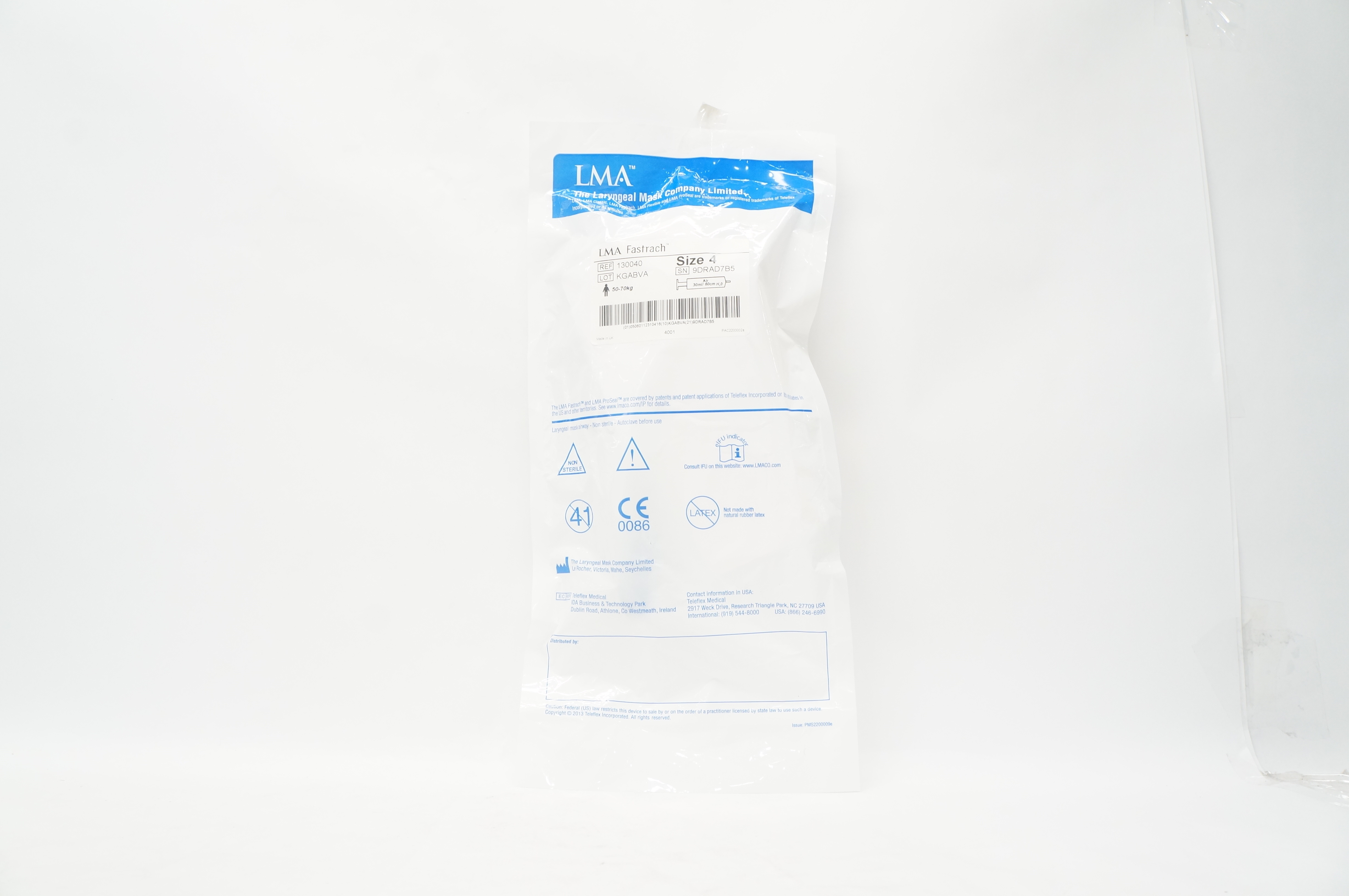 Teleflex 130040 LMA Fastrach Laryngeal Mask Airway Size 4 50-70kg, 30ml/60cm H2O