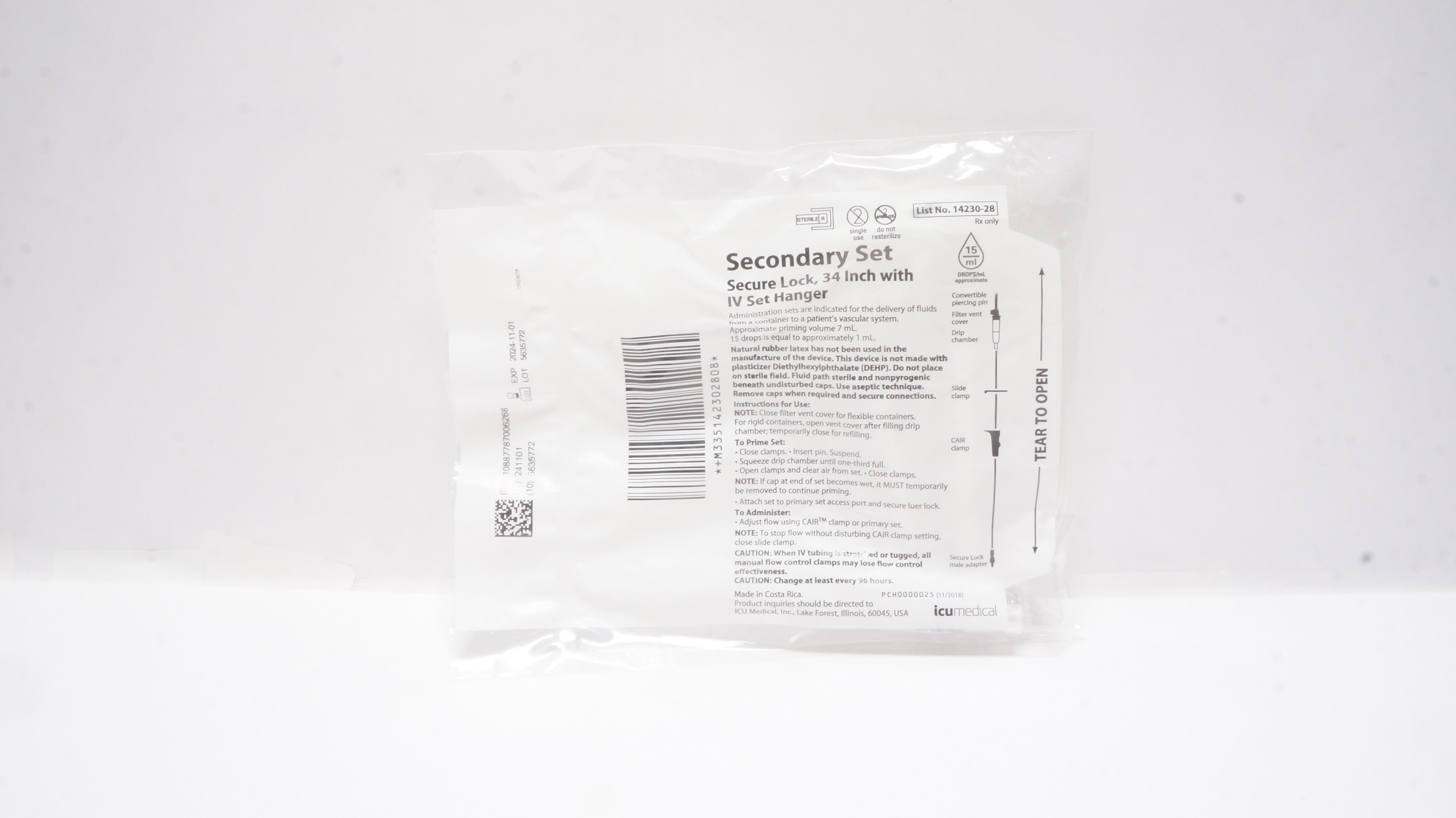 ICU Medical 14230-28 Secondary Set Secure Lock 34inch w/IV Set Hanger15 Drops/mL
