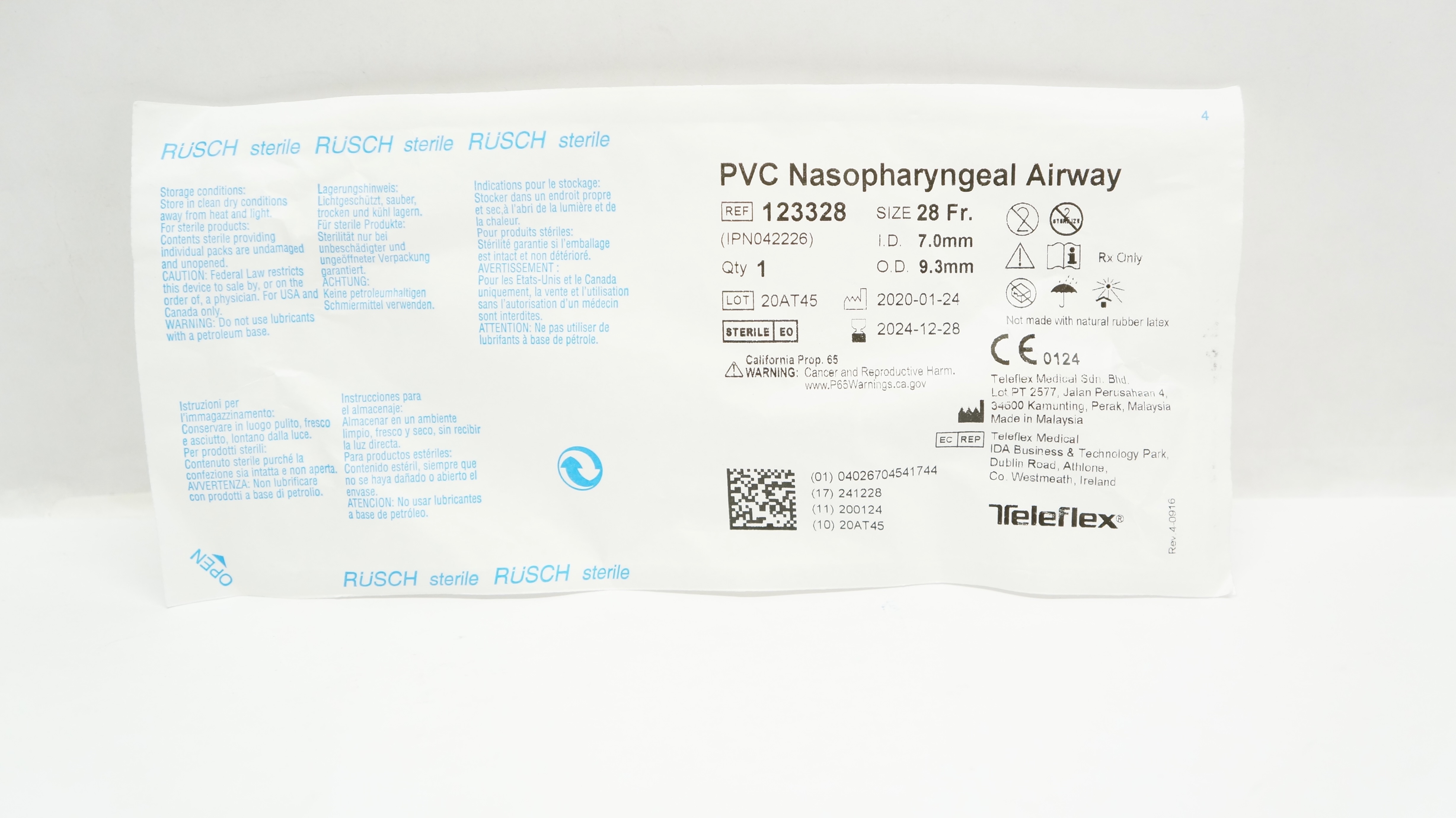 Teleflex 123328 Rusch PVC Nasopharyngeal Airway 28 Fr. 7.0mm I.D. x 9.3mm O.D.