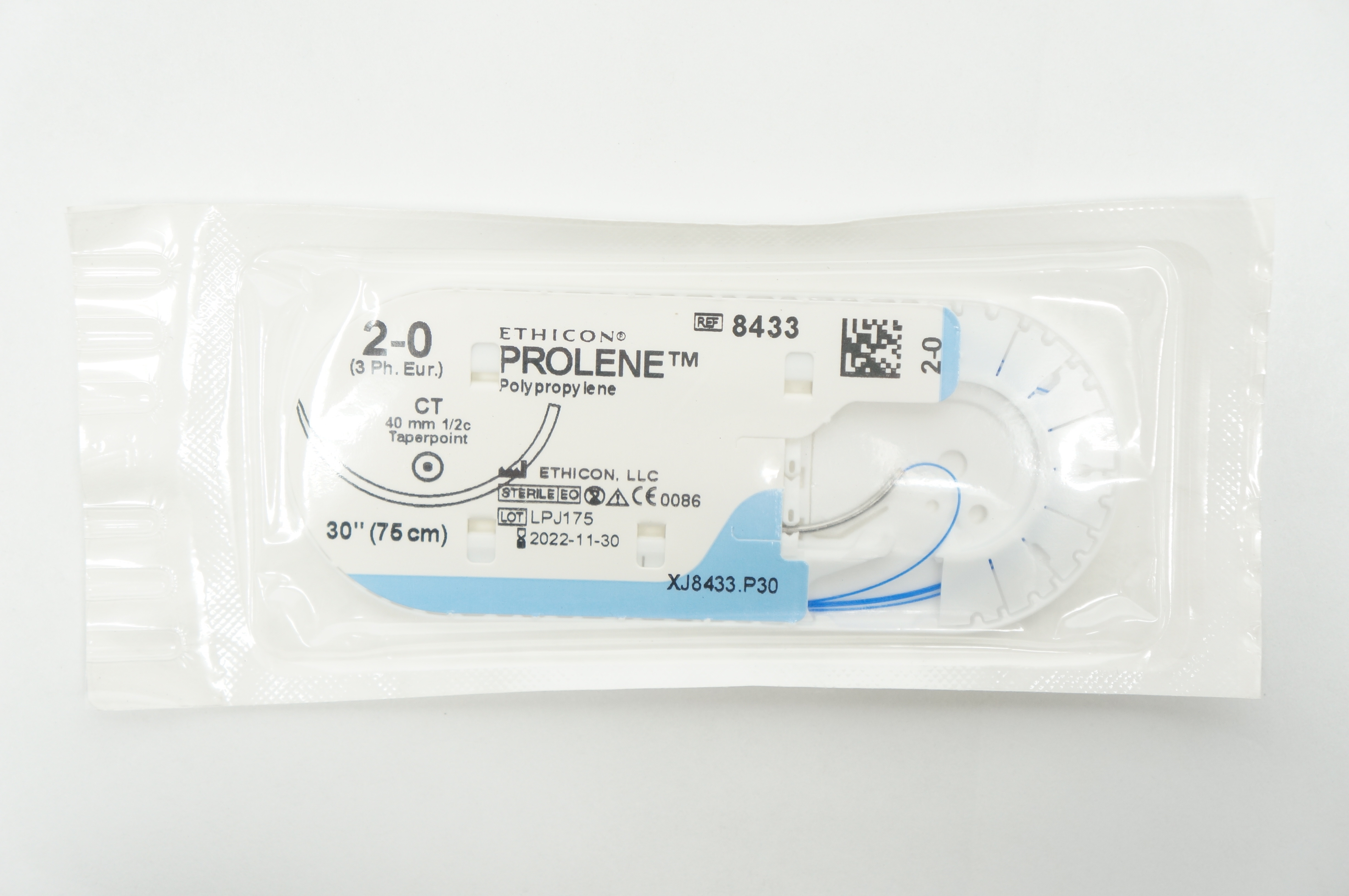 Ethicon 8433 2-0 PROLENE, CT 40mm 1/2c Taper, Blue Monofilament, 30inch (x)