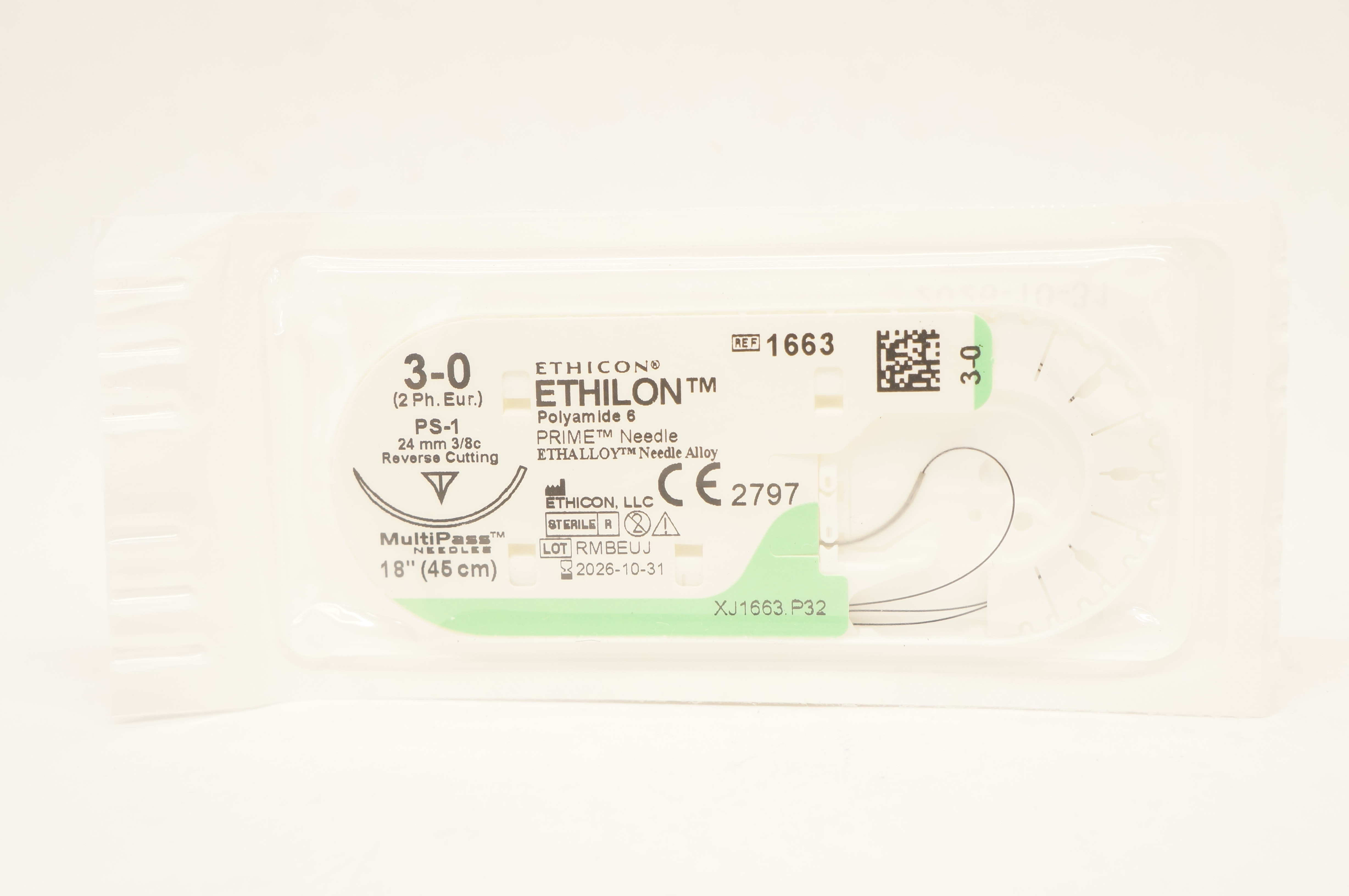 Ethicon 1663 3-0 Ethilon Stre PS-1 24 mm 3/8c Reverse Cutting, 18 inch